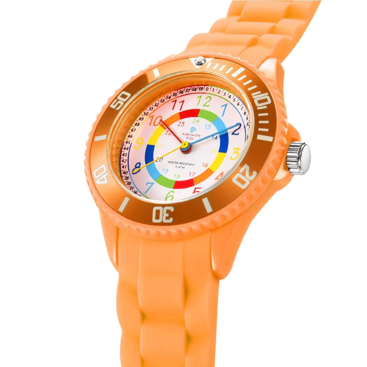 Alienwork Orologio di Apprendimento per Bambini e Ragazze, Arancione, Bracciale in Silicone Multicolore, Impermeabile 5 ATM - immagine 3