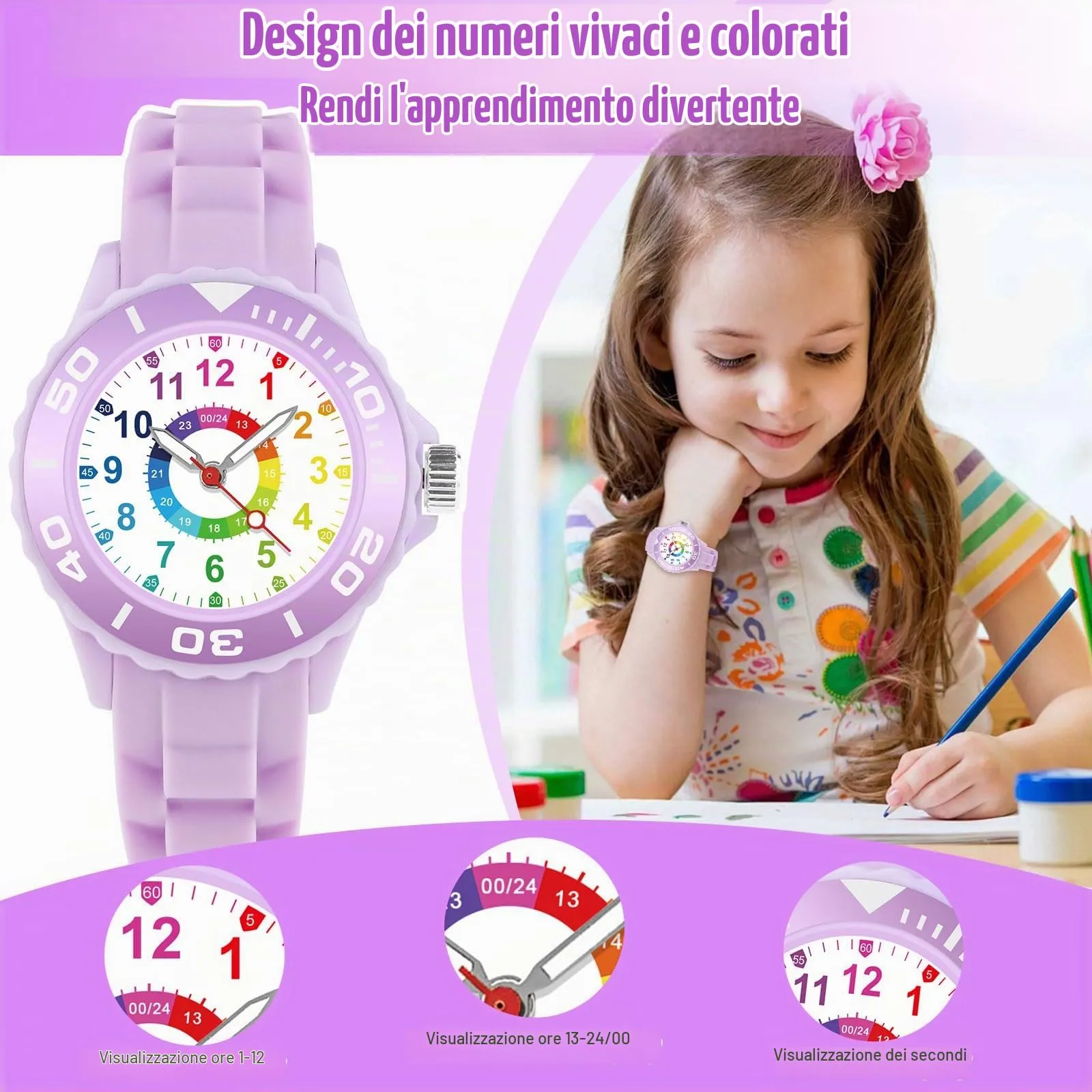 GUUMUXIN Orologio Educativo per Bambini 5-16 Anni, Quadrante Multicolore, Cinturino Morbido - immagine 2