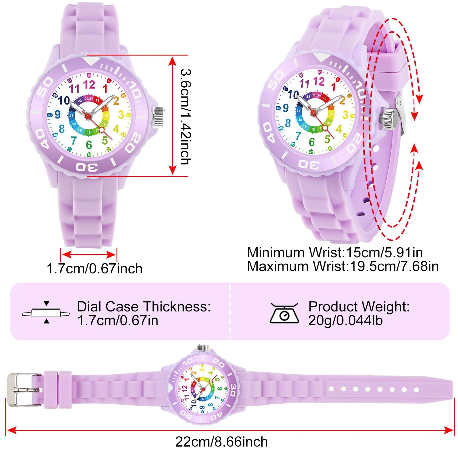 GUUMUXIN Orologio Educativo per Bambini 5-16 Anni, Quadrante Multicolore, Cinturino Morbido - immagine 3