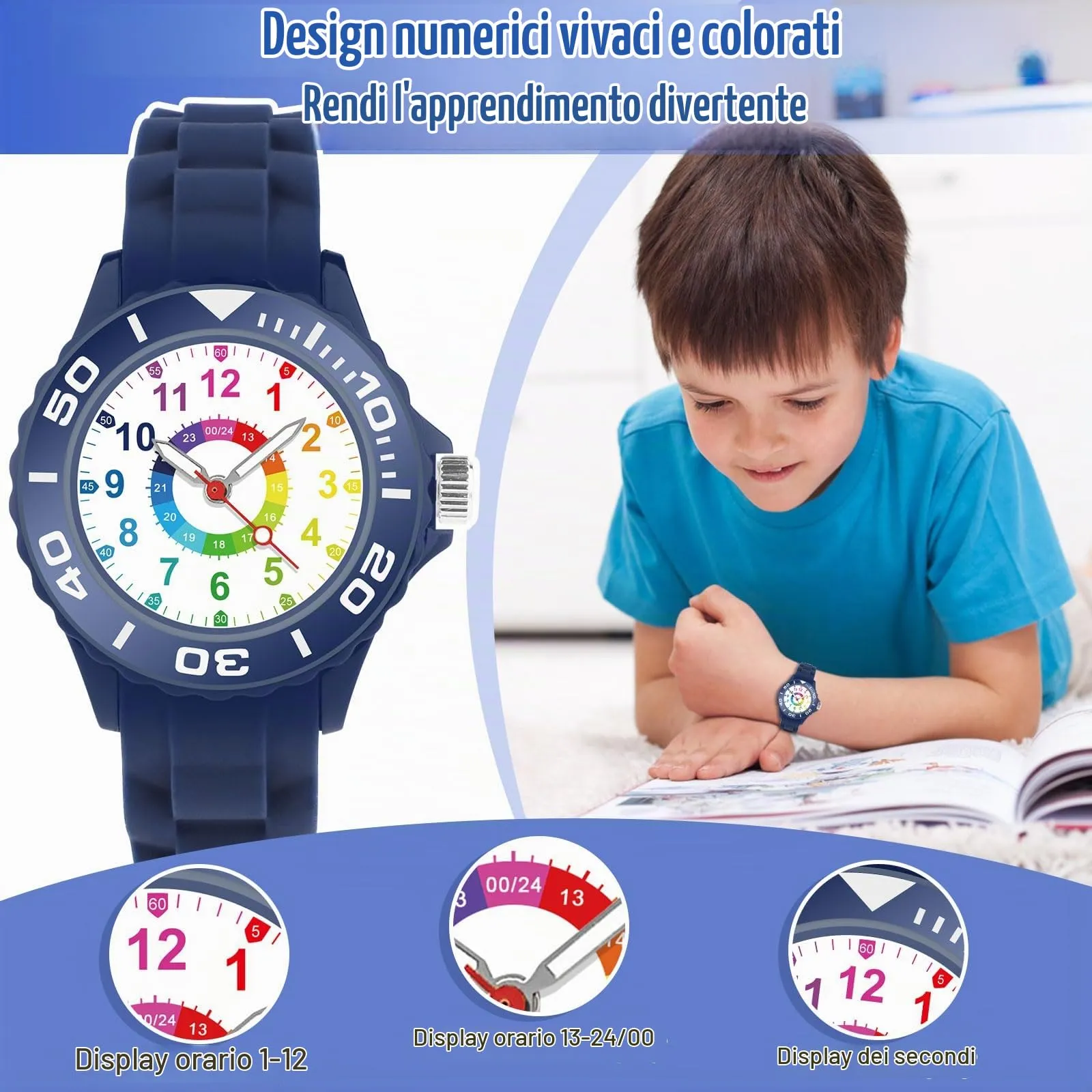 GUUMUXIN Orologio Educativo per Bambini 5-16 Anni, Quadrante Multicolore, Cinturino Morbido - immagine 2