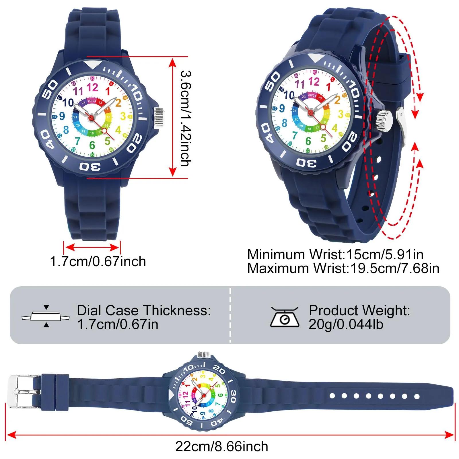 GUUMUXIN Orologio Educativo per Bambini 5-16 Anni, Quadrante Multicolore, Cinturino Morbido - immagine 3