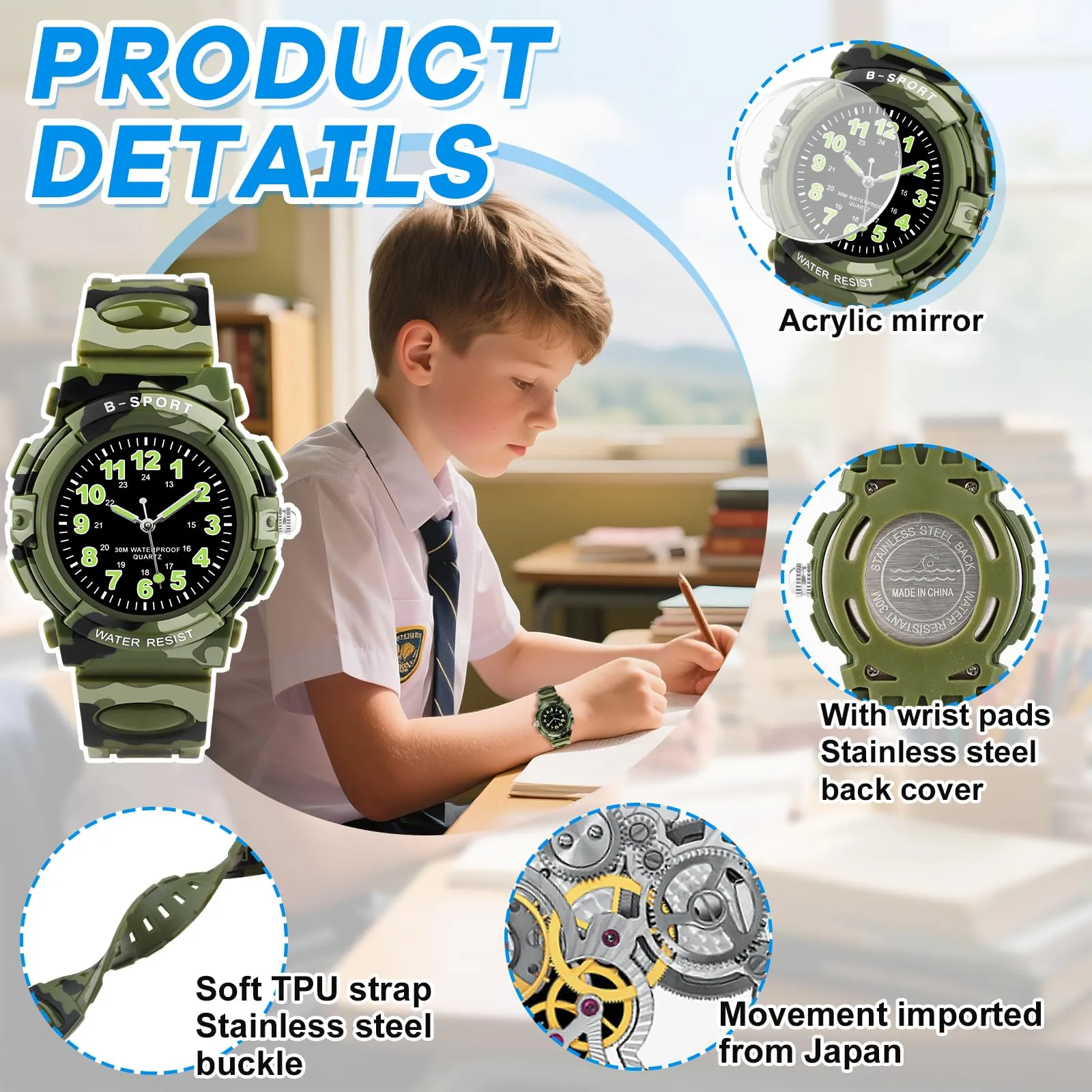 GUUMUXIN Orologio Analogico per Bambini, 30M Impermeabile, 4-12 Anni - immagine 3