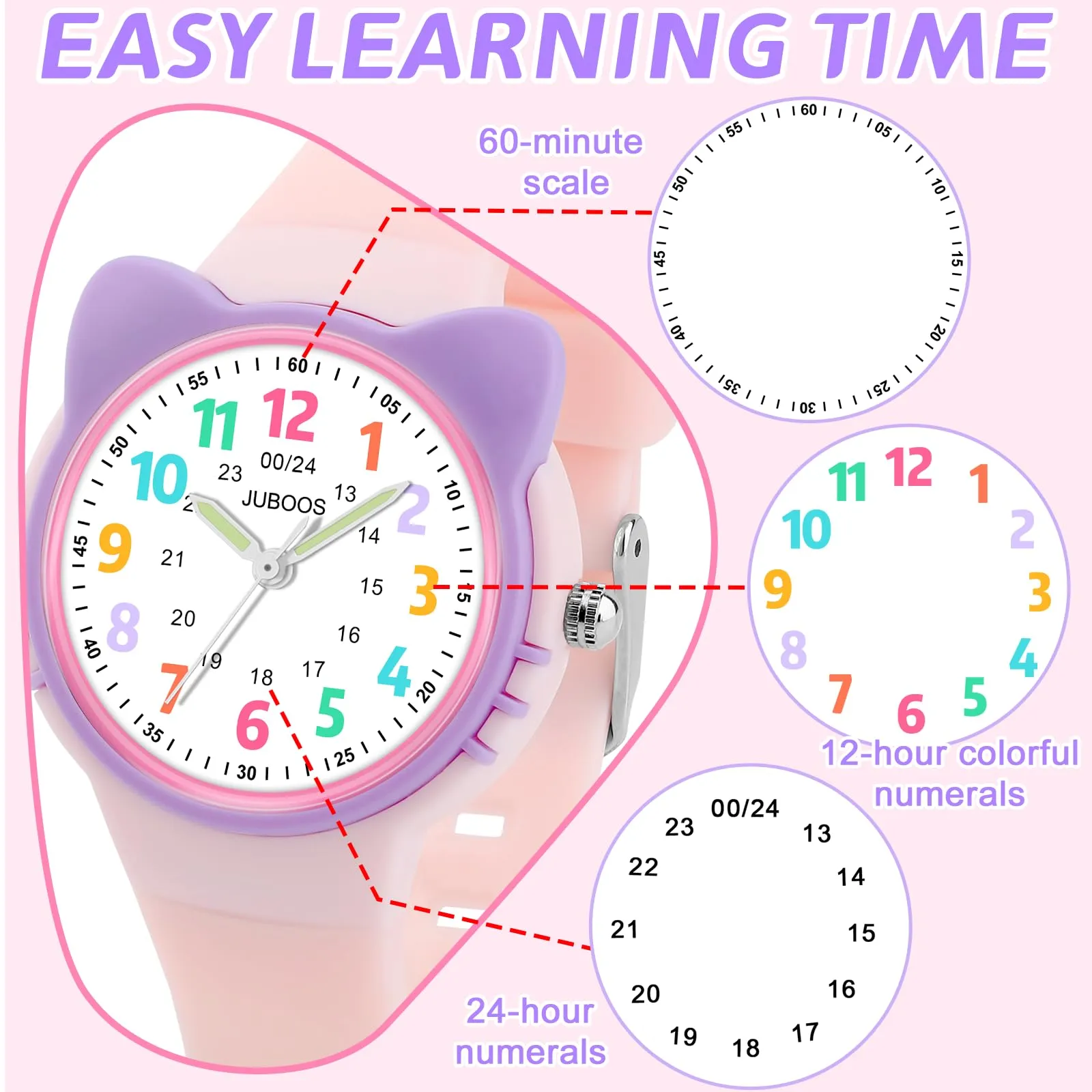 Juboos Orologio Analogico per Bambini a Tema Gatto, Impermeabile 3 ATM, Rosa - immagine 3
