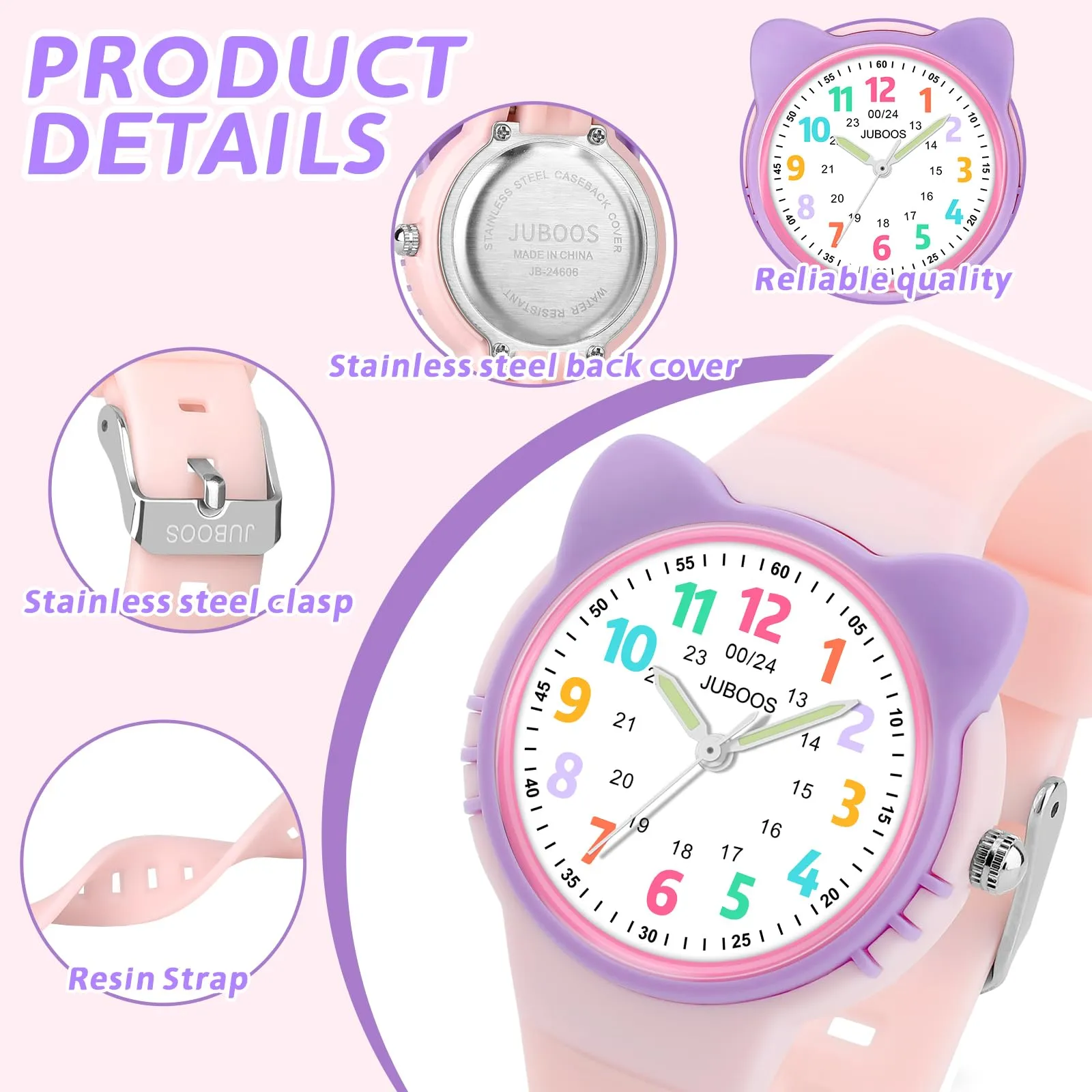 Juboos Orologio Analogico per Bambini a Tema Gatto, Impermeabile 3 ATM, Rosa - immagine 4