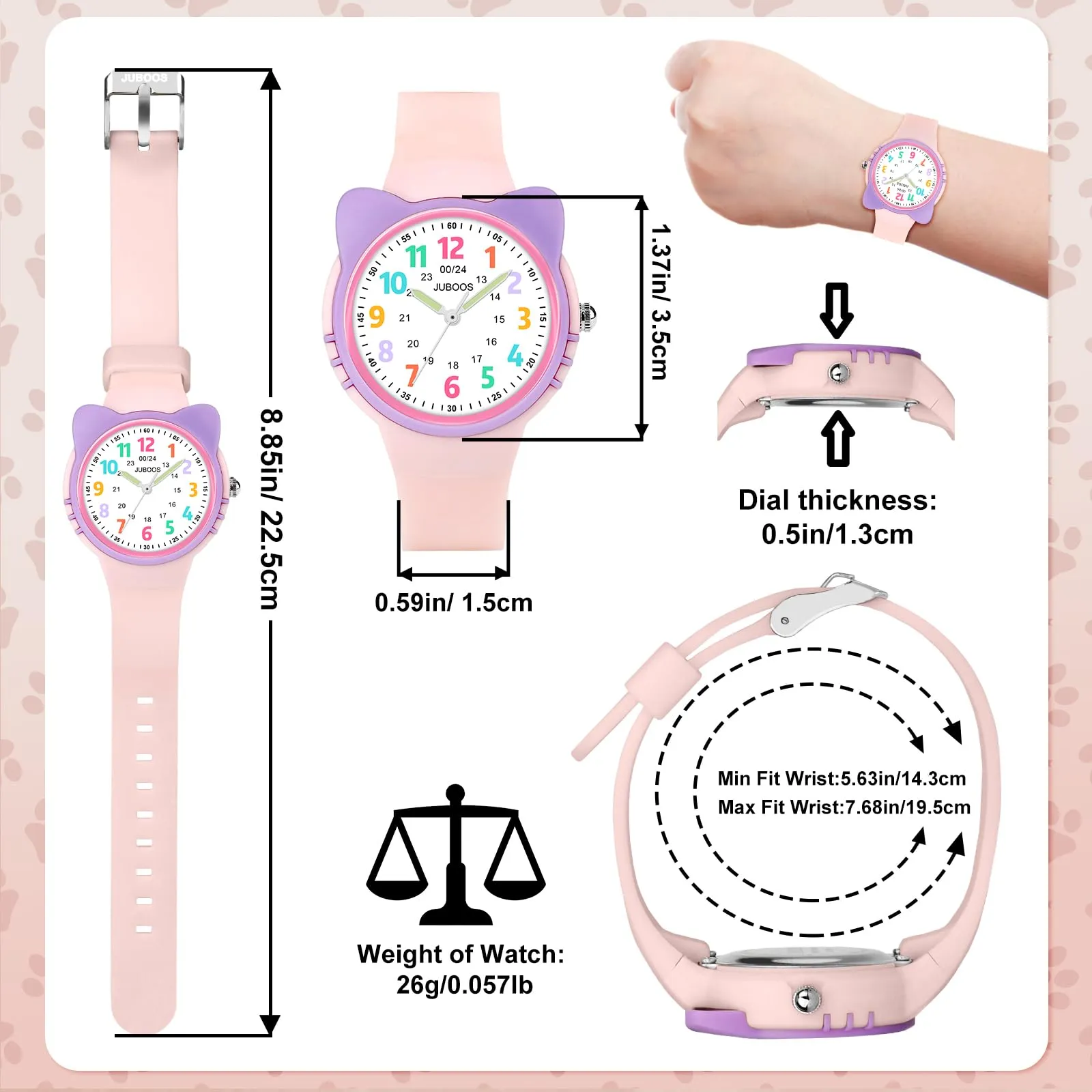 Juboos Orologio Analogico per Bambini a Tema Gatto, Impermeabile 3 ATM, Rosa - immagine 6