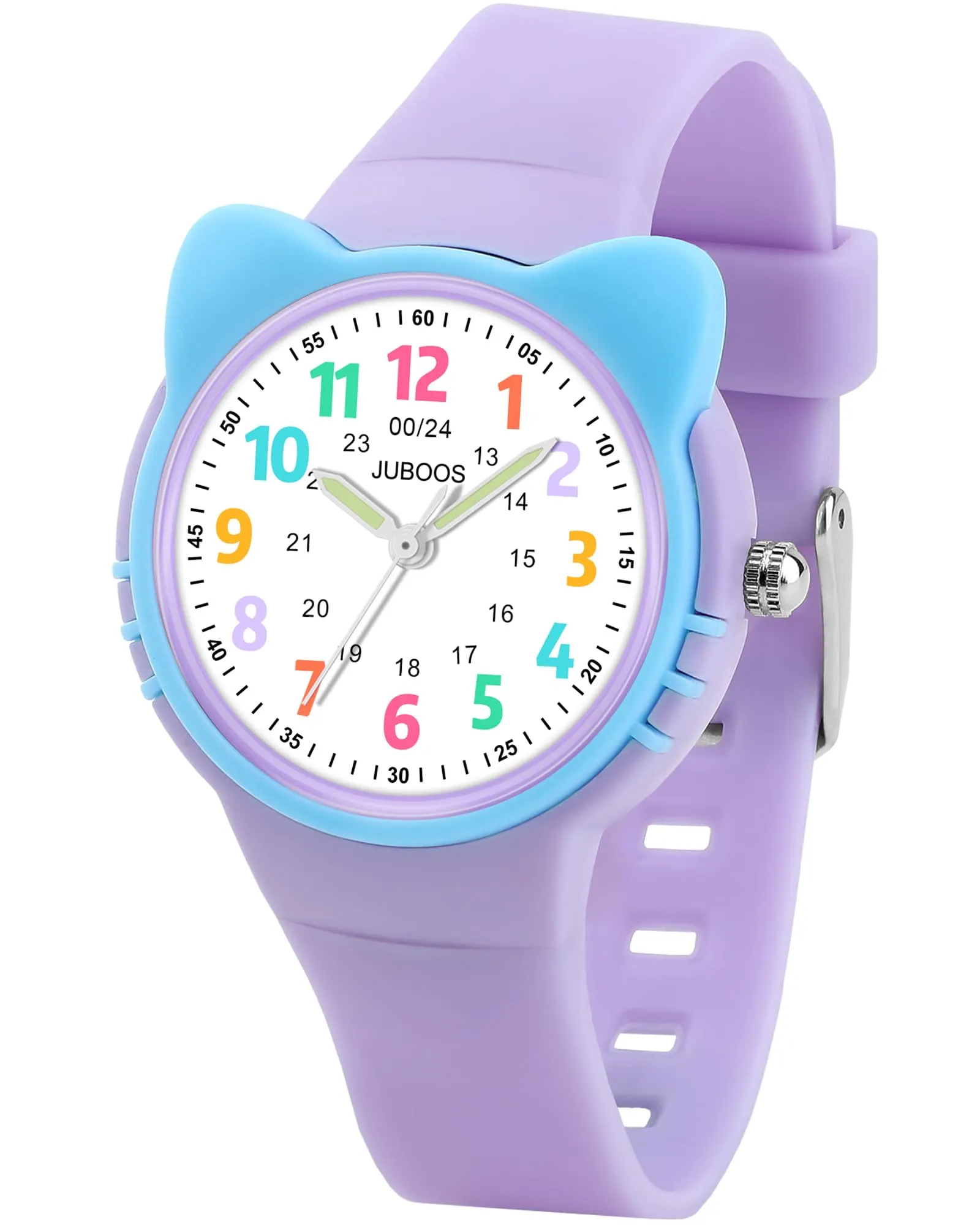 Juboos Orologio Analogico per Bambini con Gatto, Impermeabile 3 ATM, Viola - immagine 1