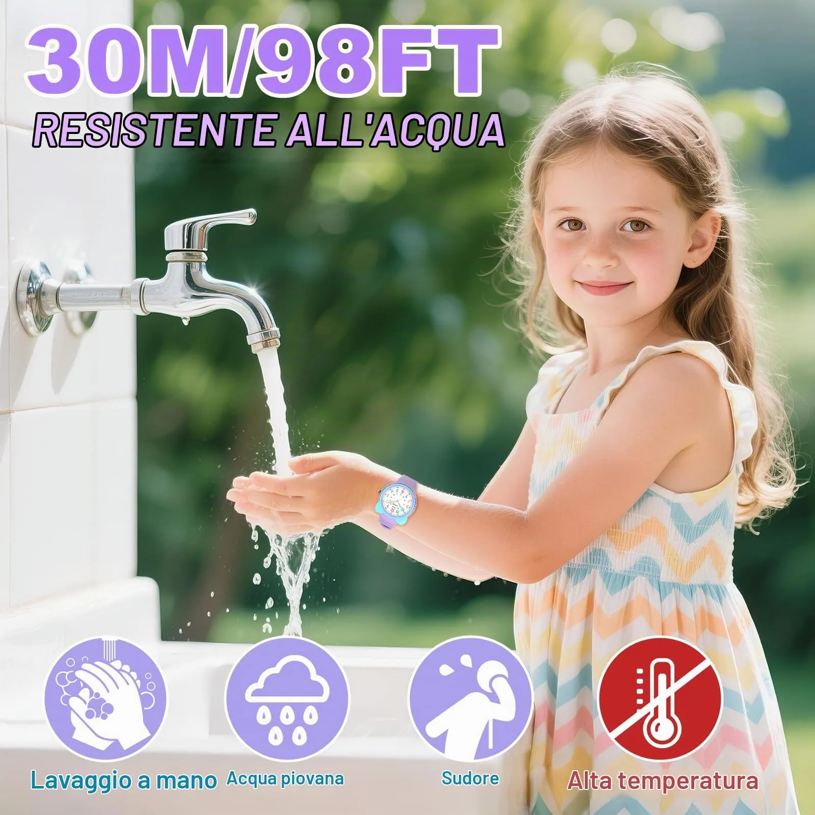 Juboos Orologio Analogico per Bambini con Gatto, Impermeabile 3 ATM, Viola - immagine 2