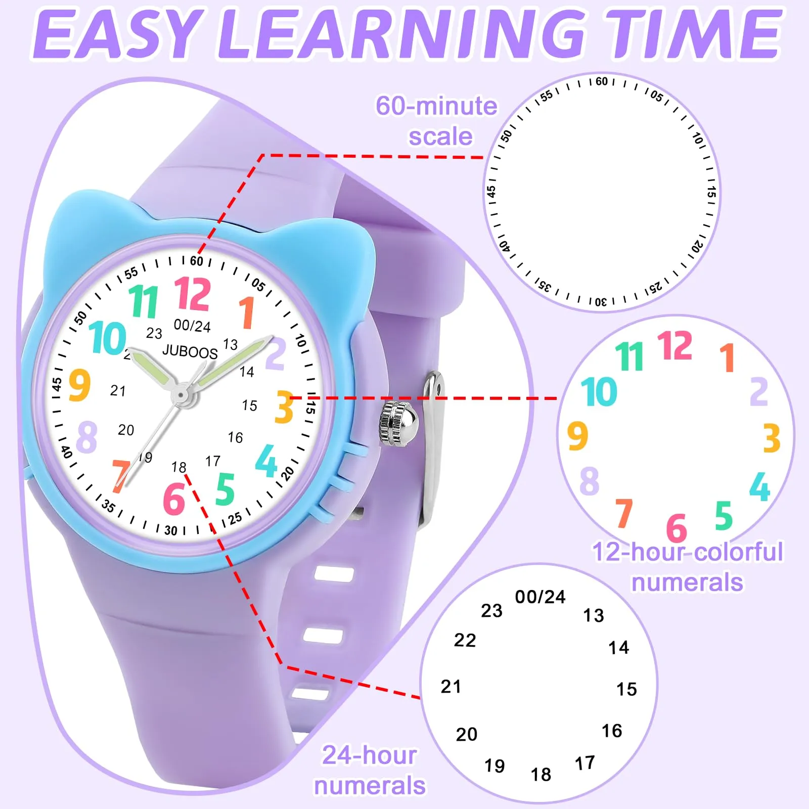 Juboos Orologio Analogico per Bambini con Gatto, Impermeabile 3 ATM, Viola - immagine 3