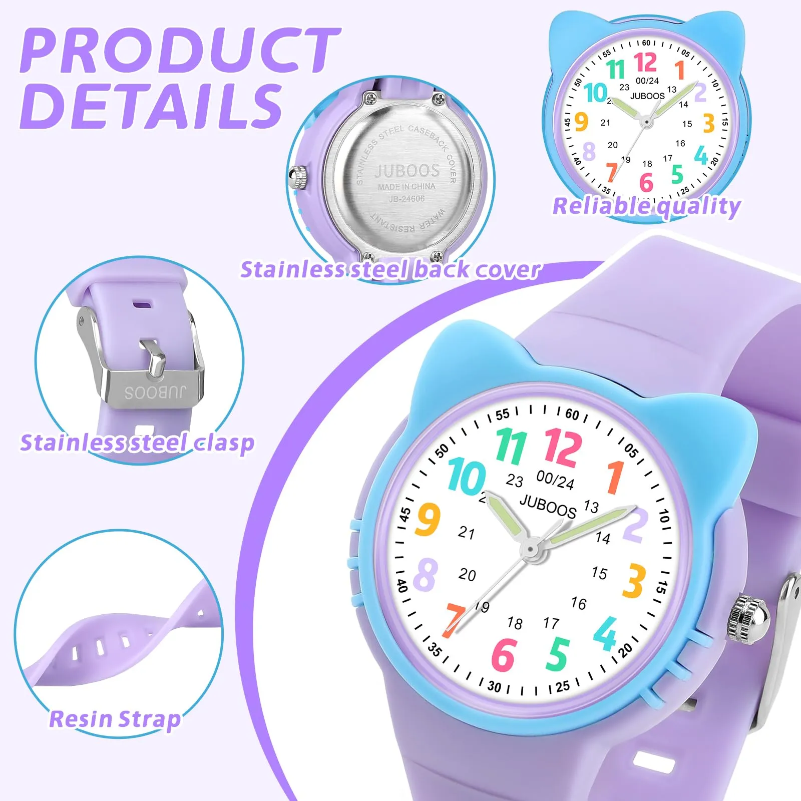 Juboos Orologio Analogico per Bambini con Gatto, Impermeabile 3 ATM, Viola - immagine 4