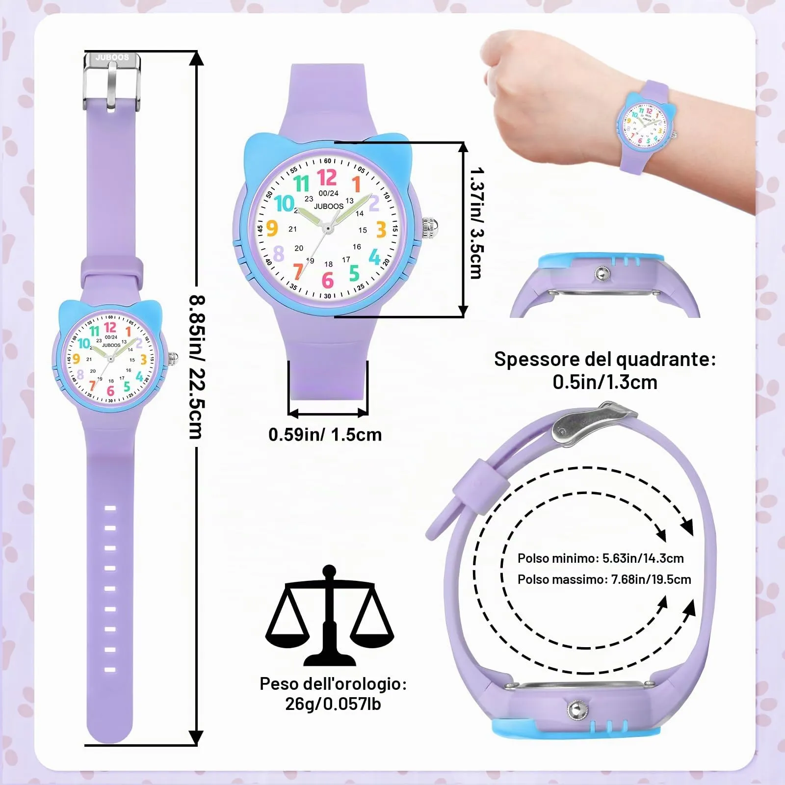 Juboos Orologio Analogico per Bambini con Gatto, Impermeabile 3 ATM, Viola - immagine 6