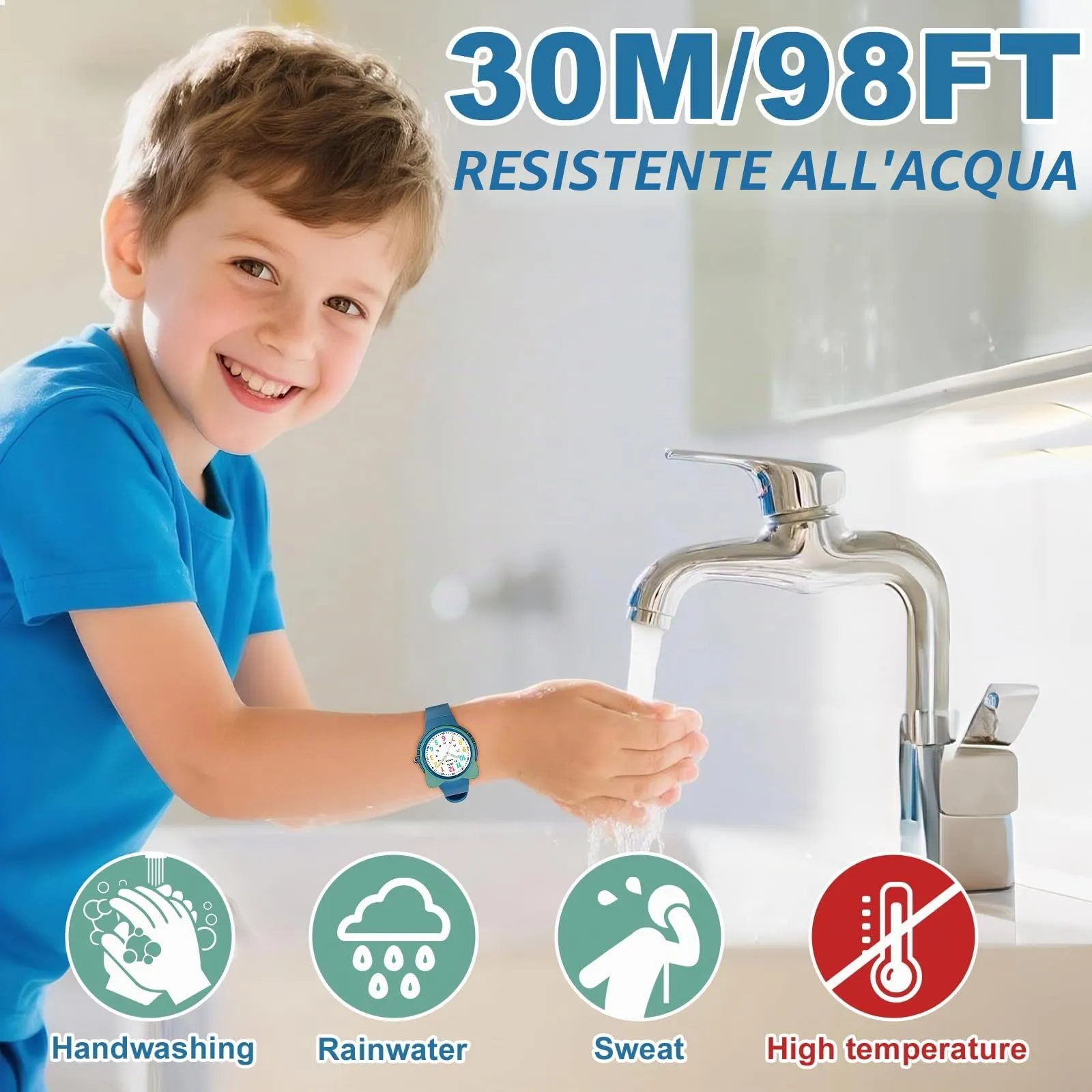 Juboos Orologio Analogico per Bambini con Gatto, Impermeabile 3 ATM, Blu - immagine 2