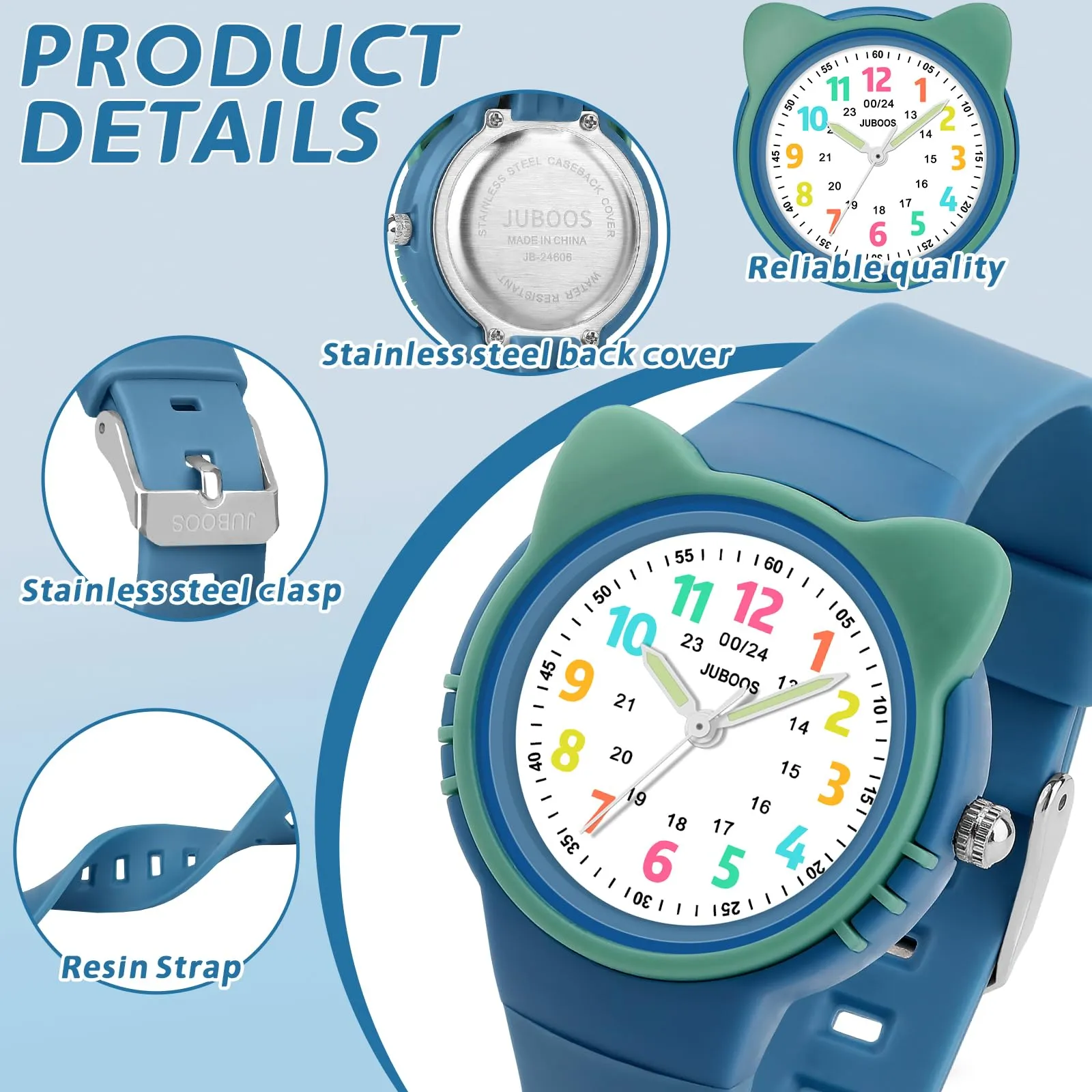 Juboos Orologio Analogico per Bambini con Gatto, Impermeabile 3 ATM, Blu - immagine 3