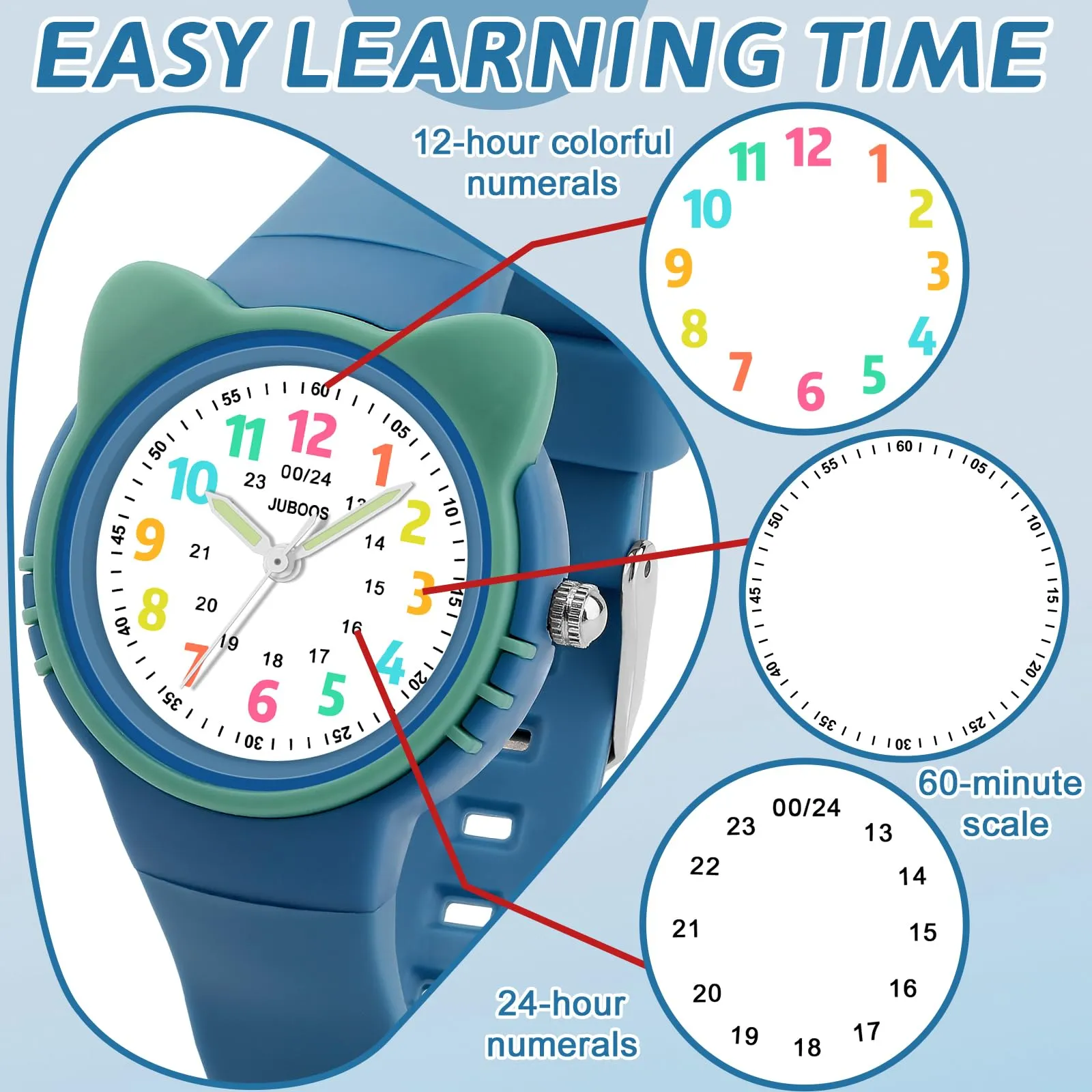 Juboos Orologio Analogico per Bambini con Gatto, Impermeabile 3 ATM, Blu - immagine 4