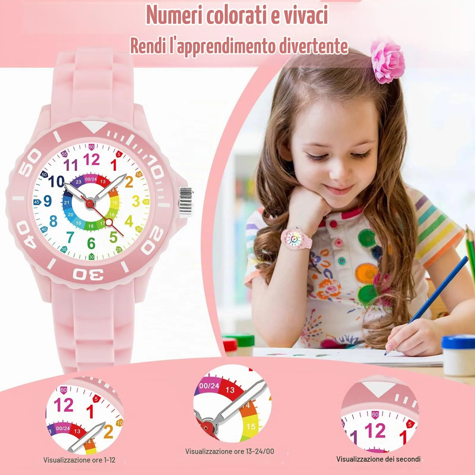 GUUMUXIN Orologio Educativo per Bambini 5-16 Anni, Quadrante Multicolore, Cinturino Morbido - immagine 2
