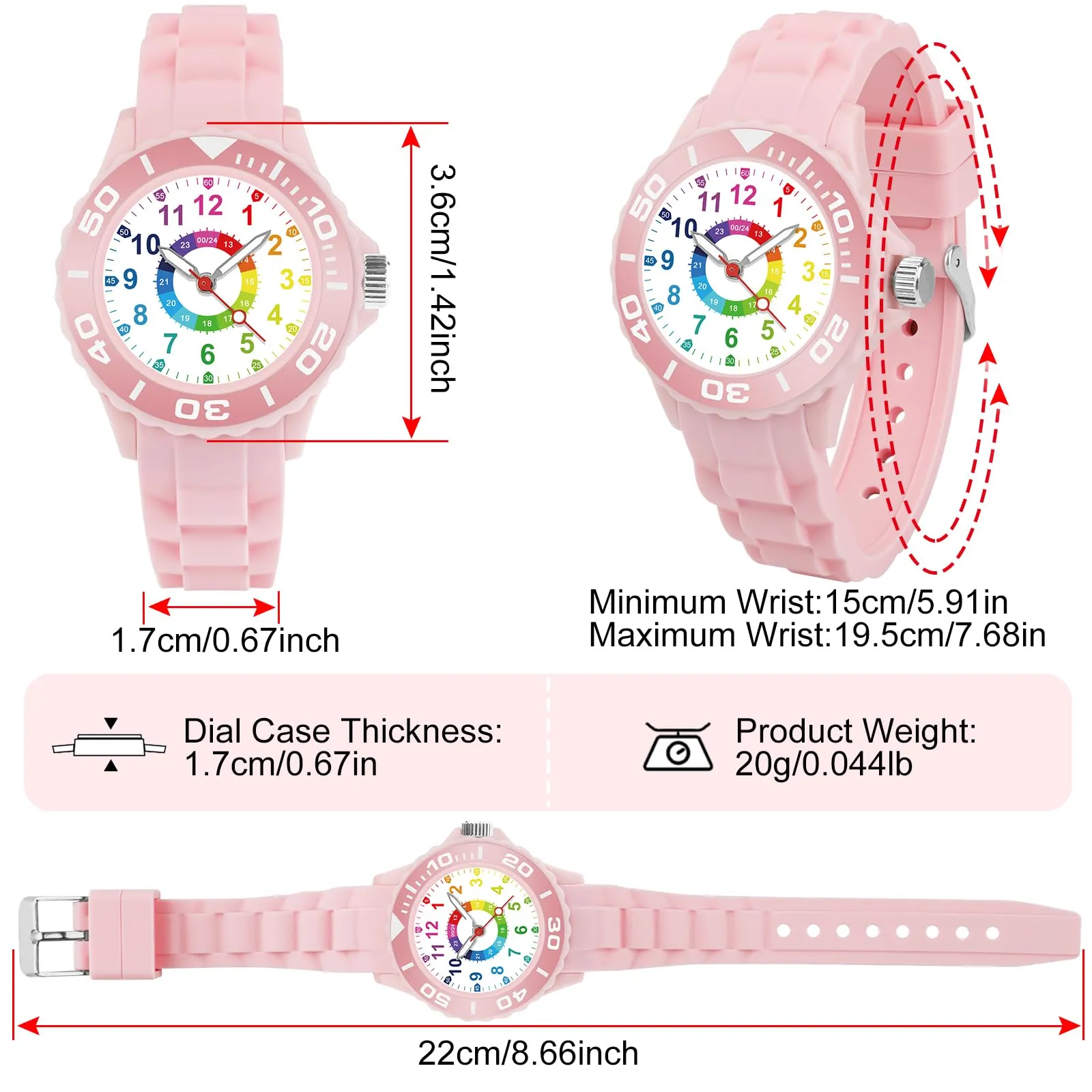 GUUMUXIN Orologio Educativo per Bambini 5-16 Anni, Quadrante Multicolore, Cinturino Morbido - immagine 3