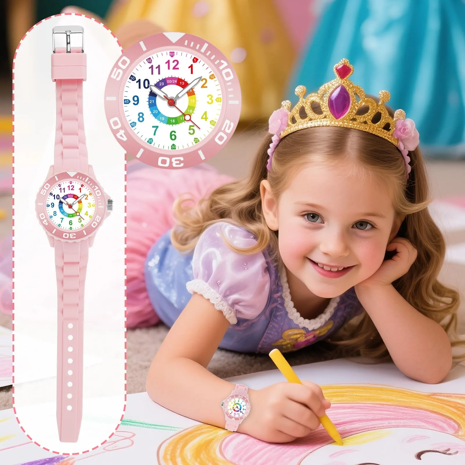GUUMUXIN Orologio Educativo per Bambini 5-16 Anni, Quadrante Multicolore, Cinturino Morbido - immagine 5