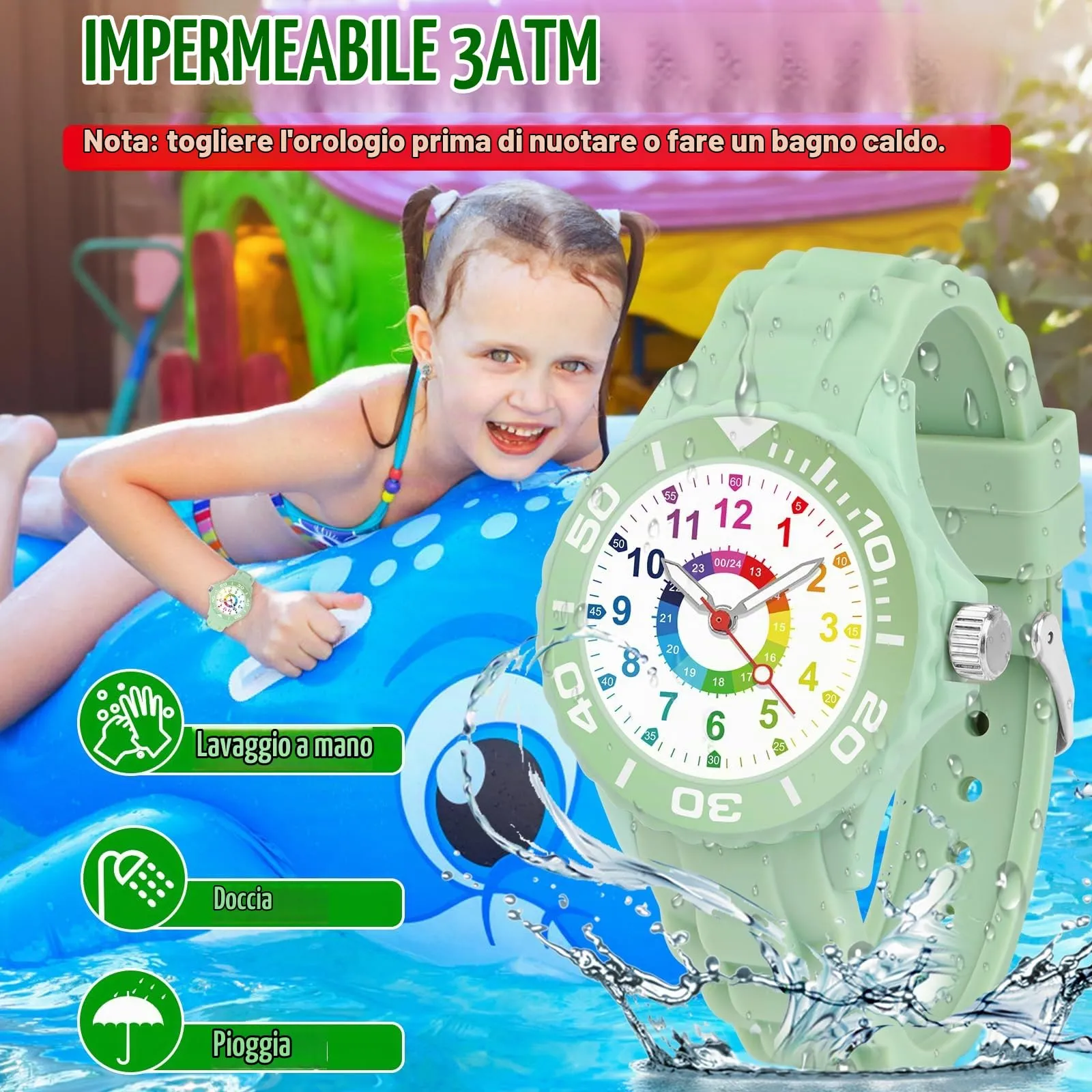 GUUMUXIN Orologio Educativo per Bambini 5-16 Anni, Quadrante Multicolore, Cinturino Morbido, Impermeabile 30m - immagine 2