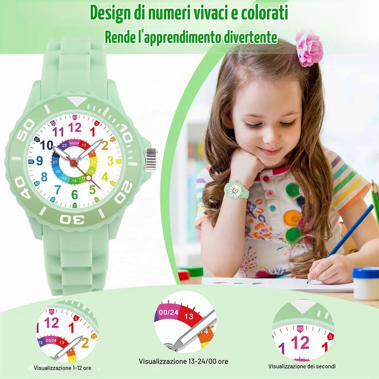 GUUMUXIN Orologio Educativo per Bambini 5-16 Anni, Quadrante Multicolore, Cinturino Morbido, Impermeabile 30m - immagine 3