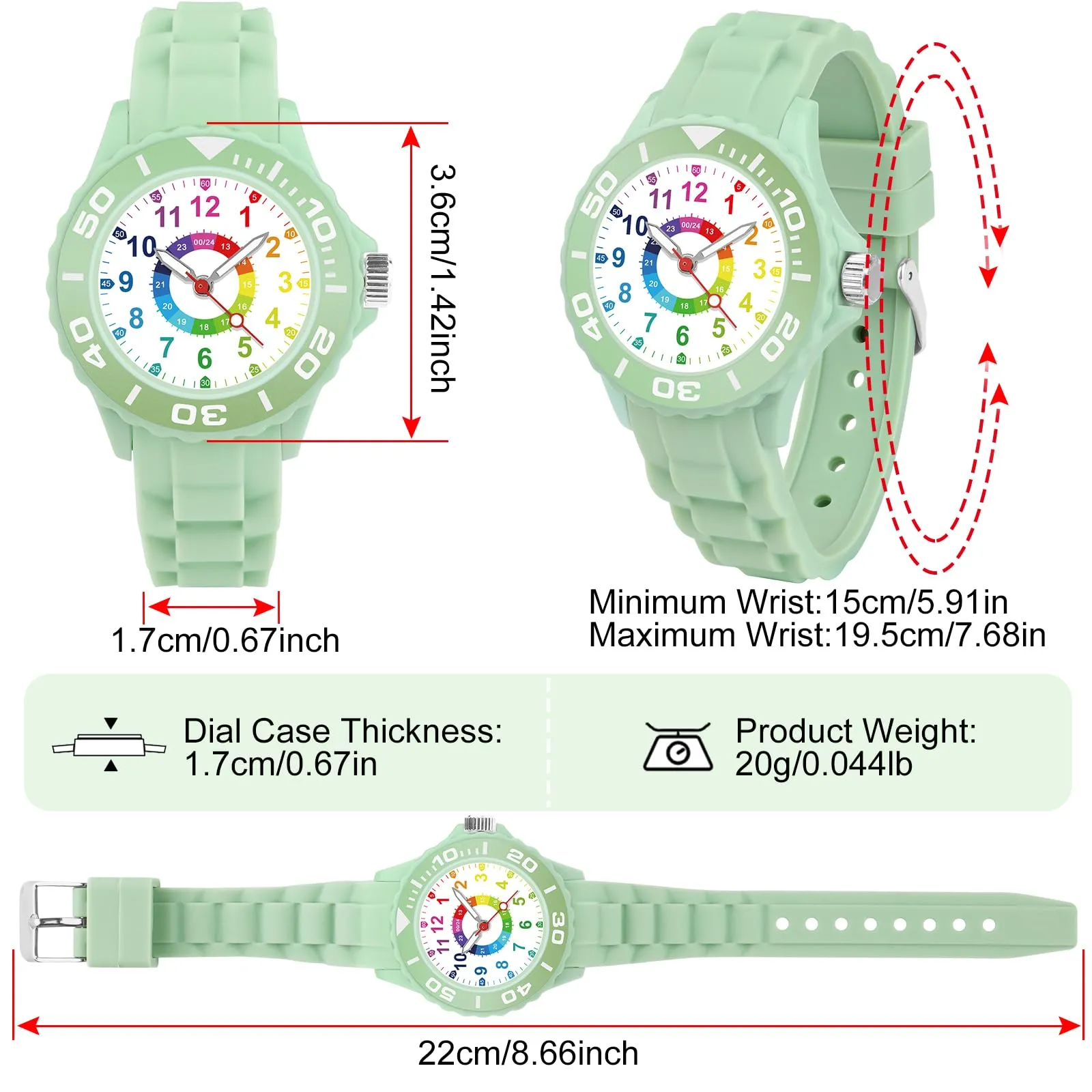 GUUMUXIN Orologio Educativo per Bambini 5-16 Anni, Quadrante Multicolore, Cinturino Morbido, Impermeabile 30m - immagine 4