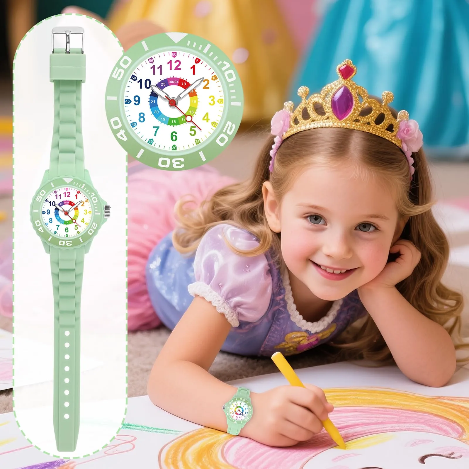 GUUMUXIN Orologio Educativo per Bambini 5-16 Anni, Quadrante Multicolore, Cinturino Morbido, Impermeabile 30m - immagine 5