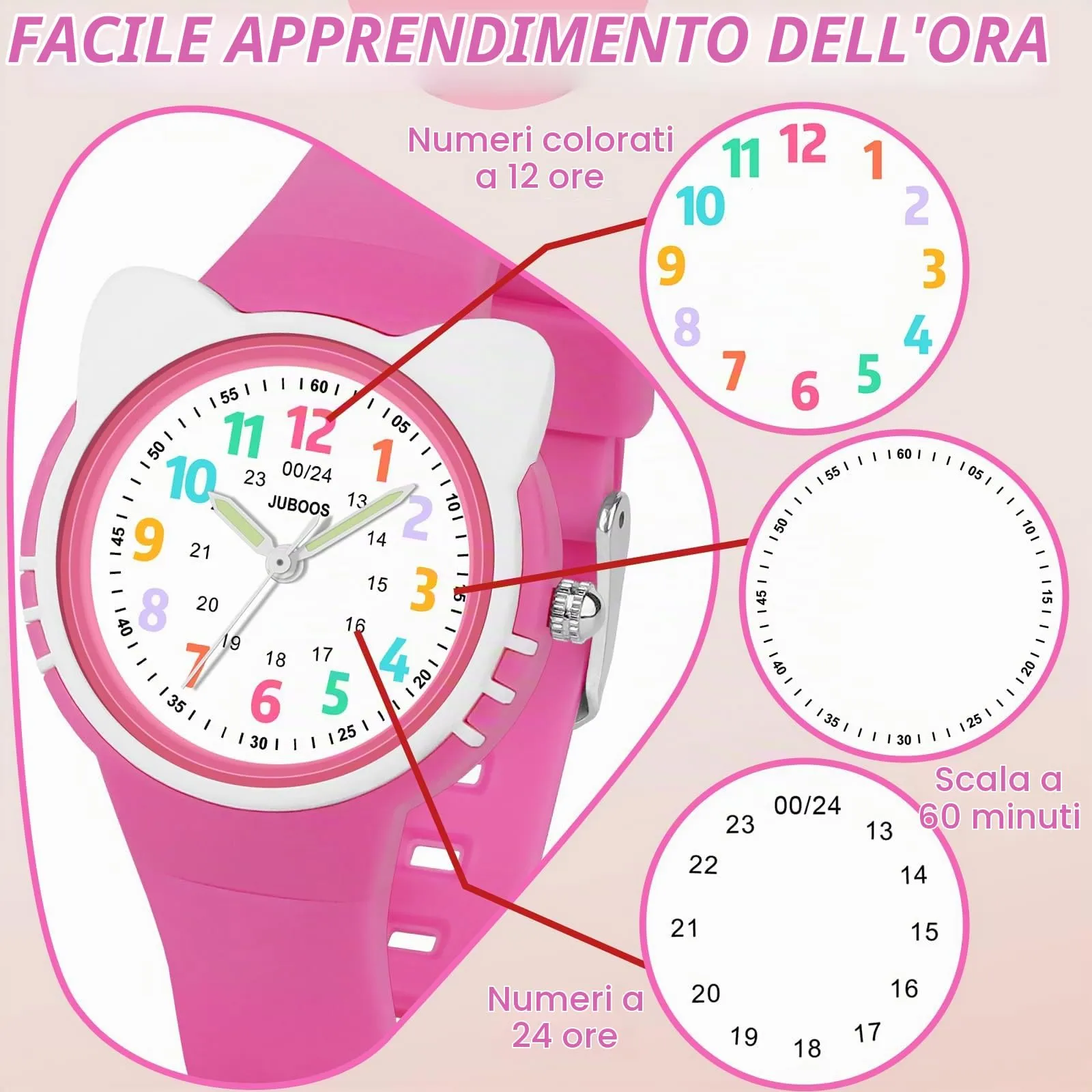 Juboos Orologio Analogico per Bambini, Impermeabile 3 ATM, Design Gatto, Viola - immagine 2
