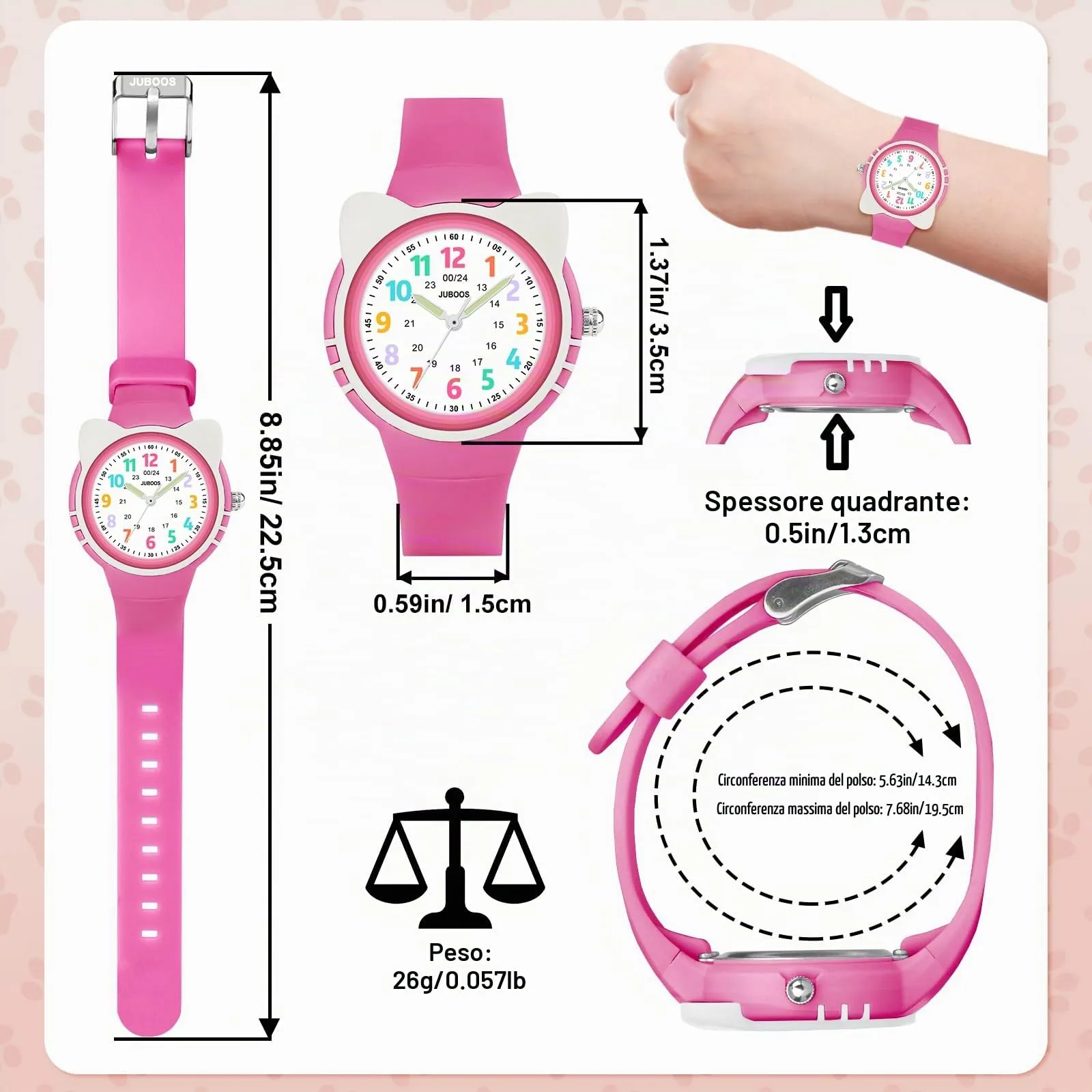 Juboos Orologio Analogico per Bambini, Impermeabile 3 ATM, Design Gatto, Viola - immagine 4