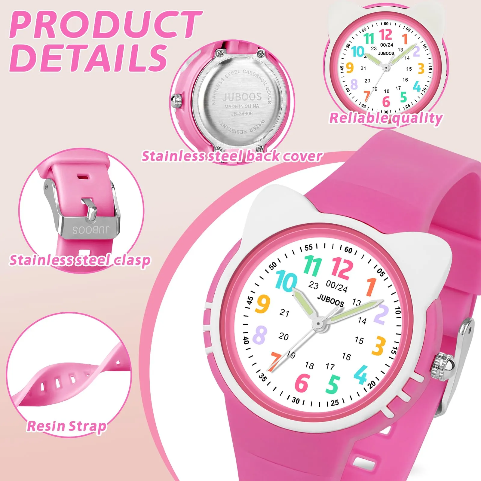 Juboos Orologio Analogico per Bambini, Impermeabile 3 ATM, Design Gatto, Viola - immagine 5