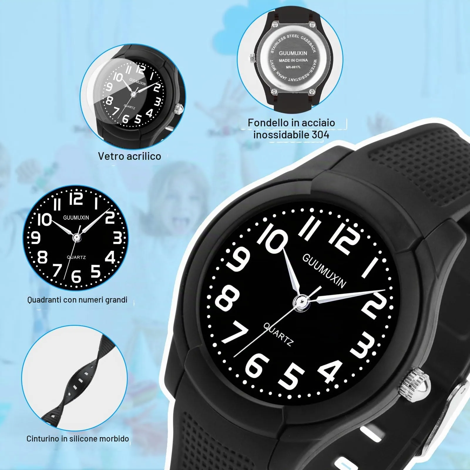 GUUMUXIN Orologio Analogico per Bambini 4-12 Anni, Impermeabile 30m, Cinturino TPU - immagine 6