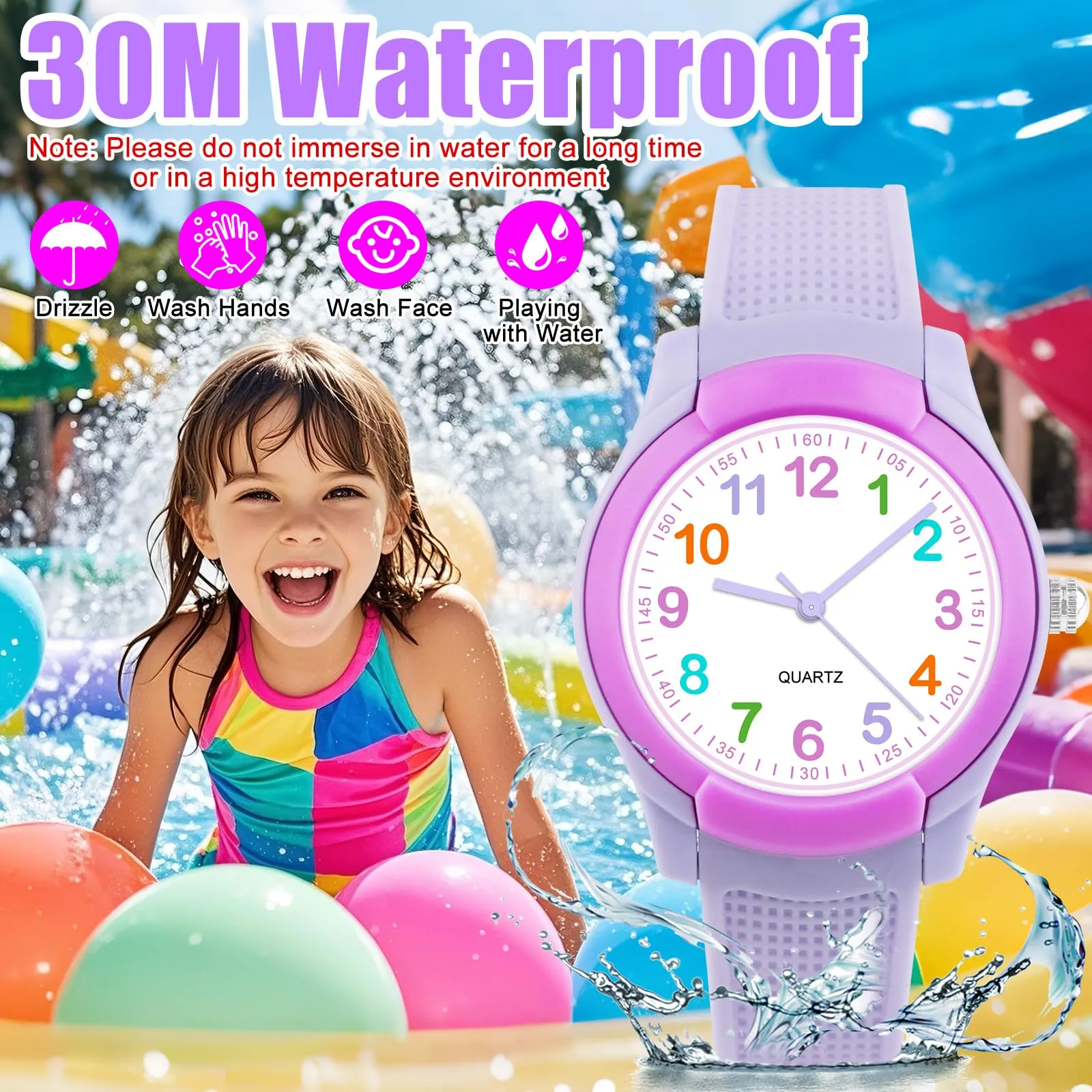 Juboos Orologio Analogico per Bambini, Impermeabile 3 ATM, Design Gatto, Viola - immagine 4