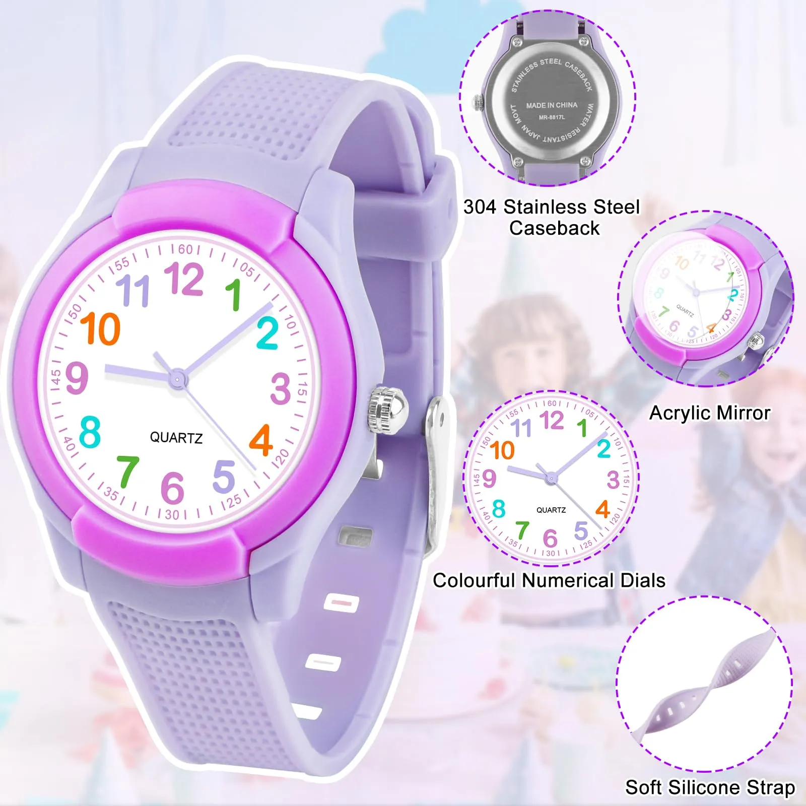 Juboos Orologio Analogico per Bambini, Impermeabile 3 ATM, Design Gatto, Viola - immagine 5