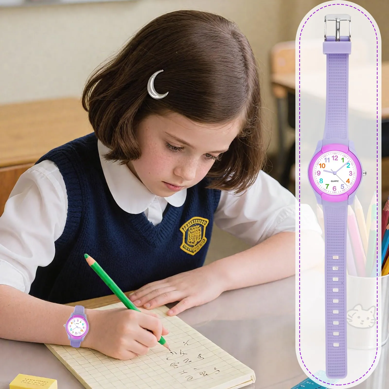 Juboos Orologio Analogico per Bambini, Impermeabile 3 ATM, Design Gatto, Viola - immagine 8