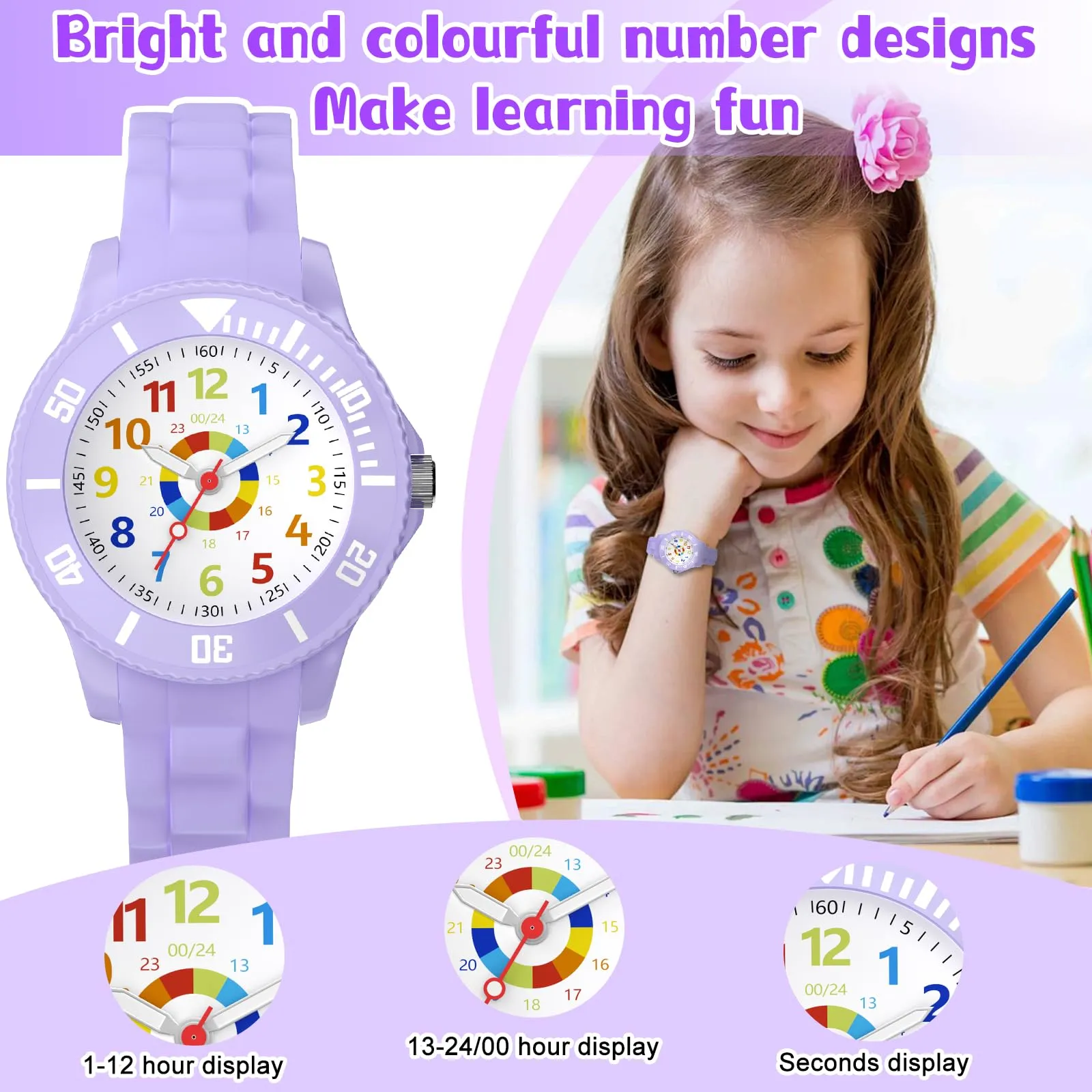 GUUMUXIN Orologio Educativo per Bambini QB001, Quadrante Multicolore, Viola Scuro - immagine 2