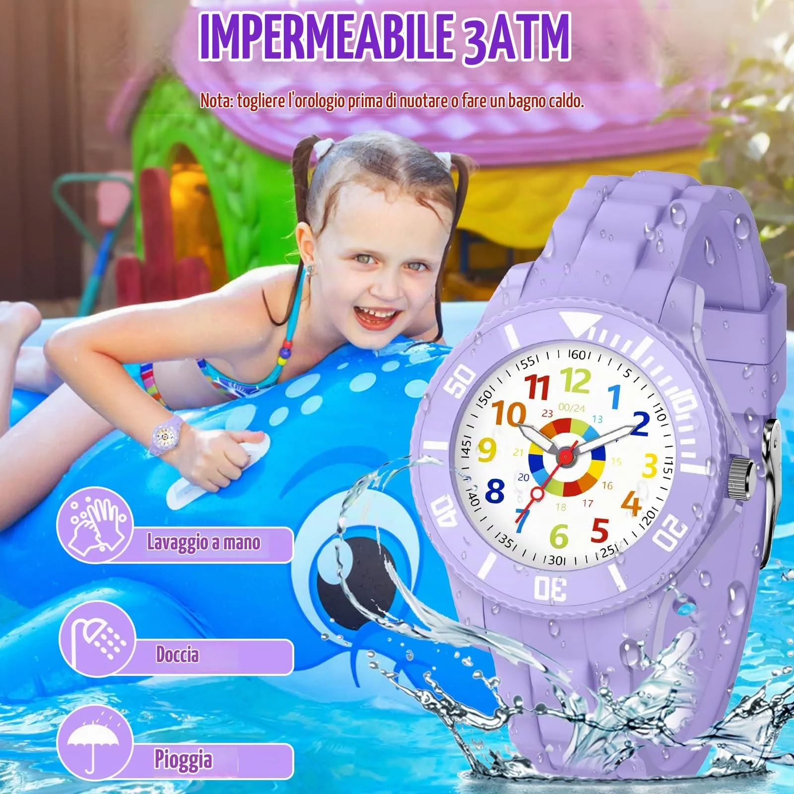 GUUMUXIN Orologio Educativo per Bambini QB001, Quadrante Multicolore, Viola Scuro - immagine 3
