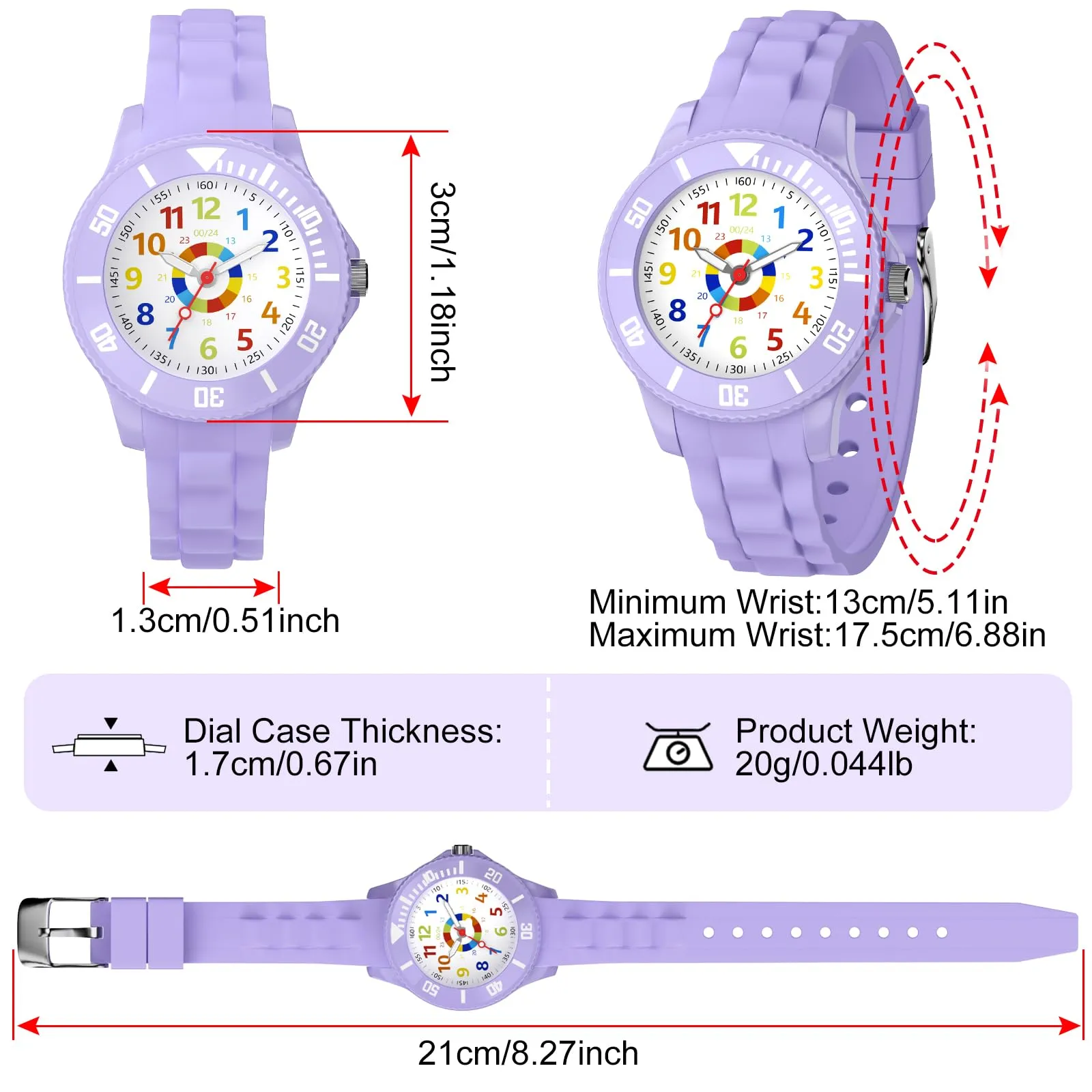 GUUMUXIN Orologio Educativo per Bambini QB001, Quadrante Multicolore, Viola Scuro - immagine 4