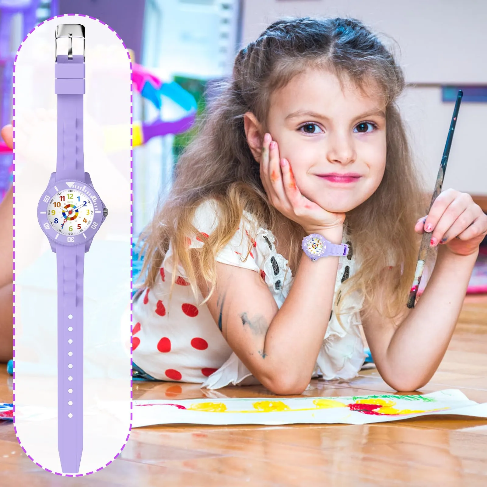 GUUMUXIN Orologio Educativo per Bambini QB001, Quadrante Multicolore, Viola Scuro - immagine 5