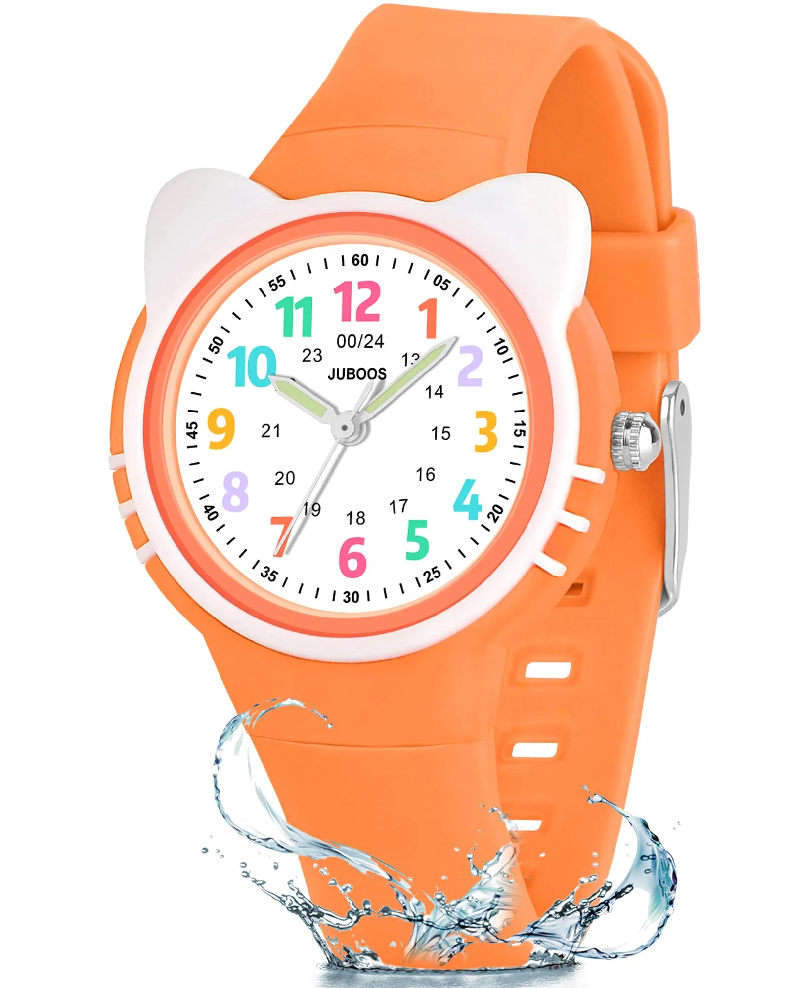 Juboos Orologio Analogico per Bambini con Gatto, Impermeabile 3 ATM, Arancione - immagine 1