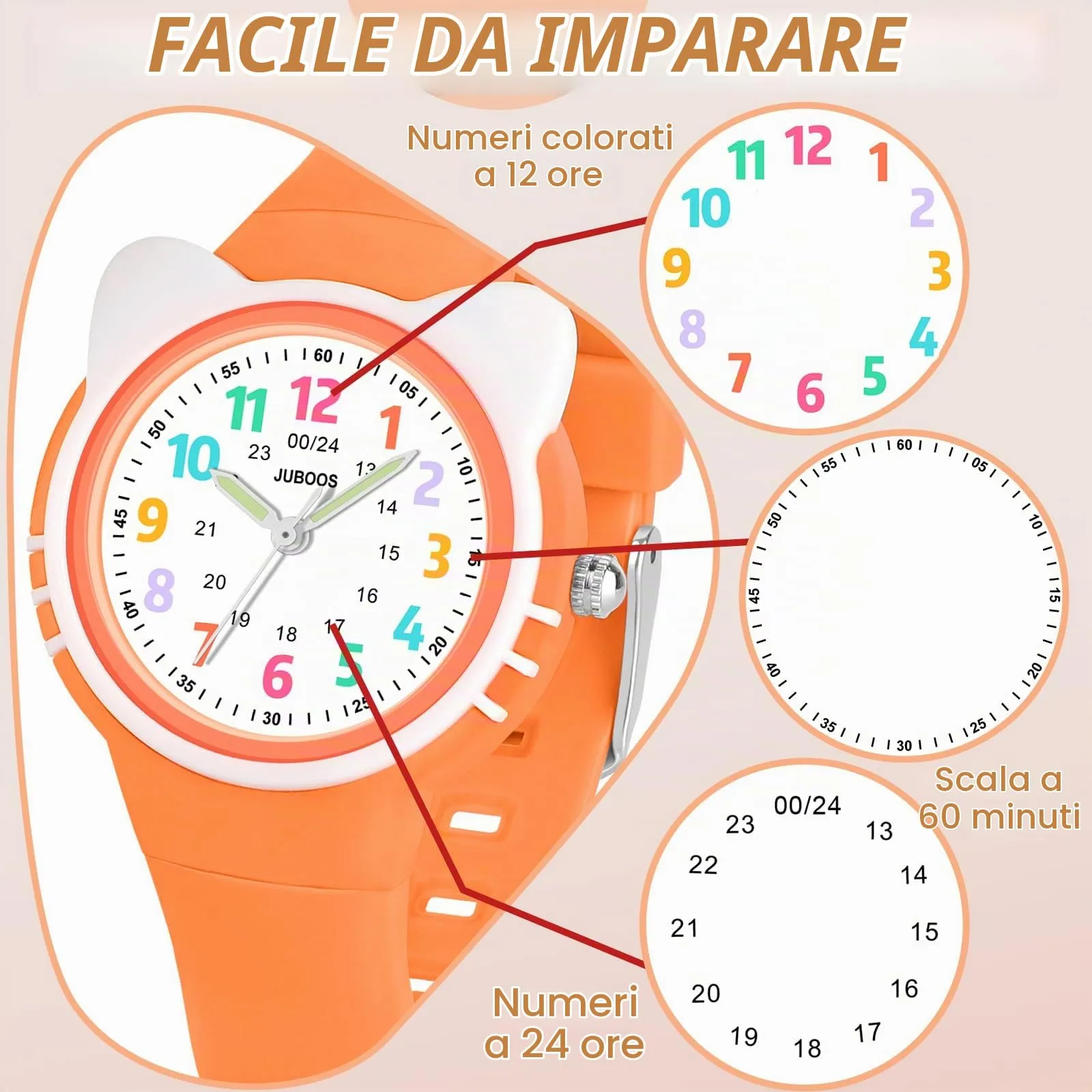 Juboos Orologio Analogico per Bambini con Gatto, Impermeabile 3 ATM, Arancione - immagine 2