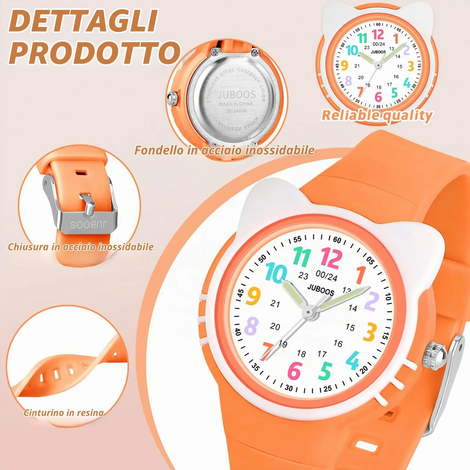 Juboos Orologio Analogico per Bambini con Gatto, Impermeabile 3 ATM, Arancione - immagine 4