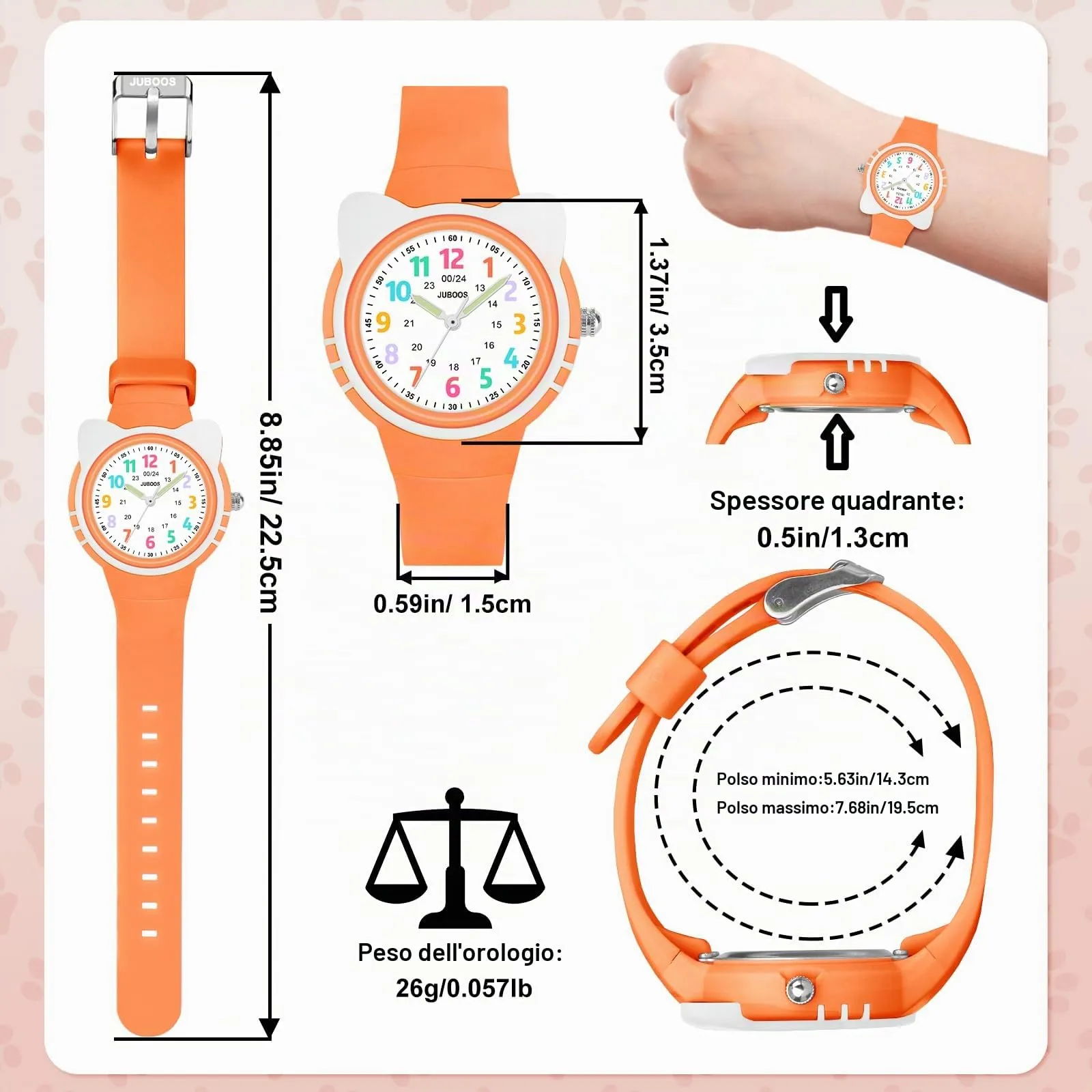 Juboos Orologio Analogico per Bambini con Gatto, Impermeabile 3 ATM, Arancione - immagine 5