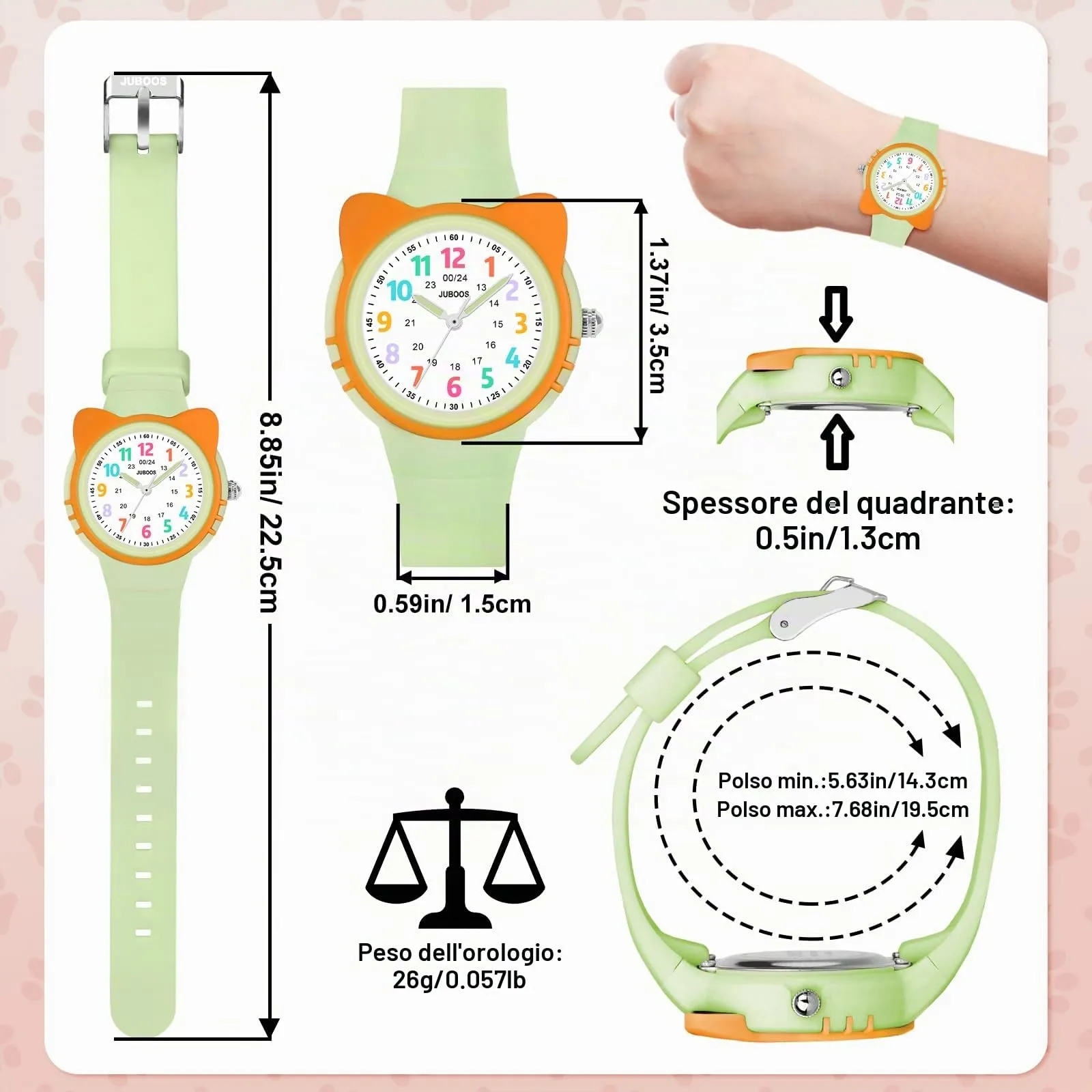 Juboos Orologio Analogico per Bambini con Gatto, Impermeabile 3 ATM, Verde Arancione - immagine 2