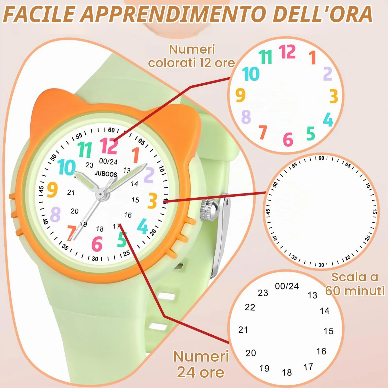 Juboos Orologio Analogico per Bambini con Gatto, Impermeabile 3 ATM, Verde Arancione - immagine 4