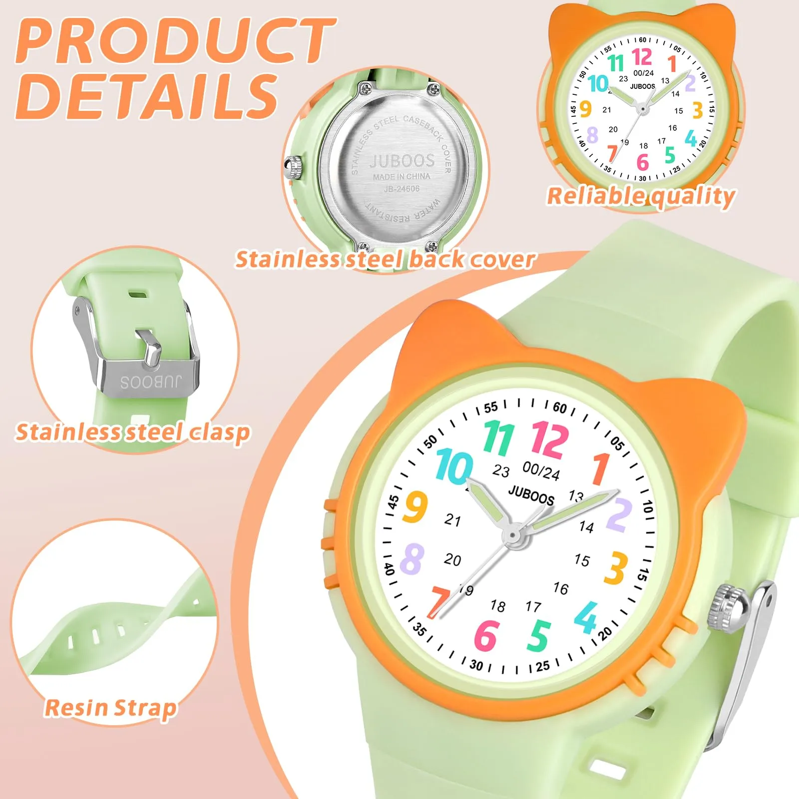 Juboos Orologio Analogico per Bambini con Gatto, Impermeabile 3 ATM, Verde Arancione - immagine 5