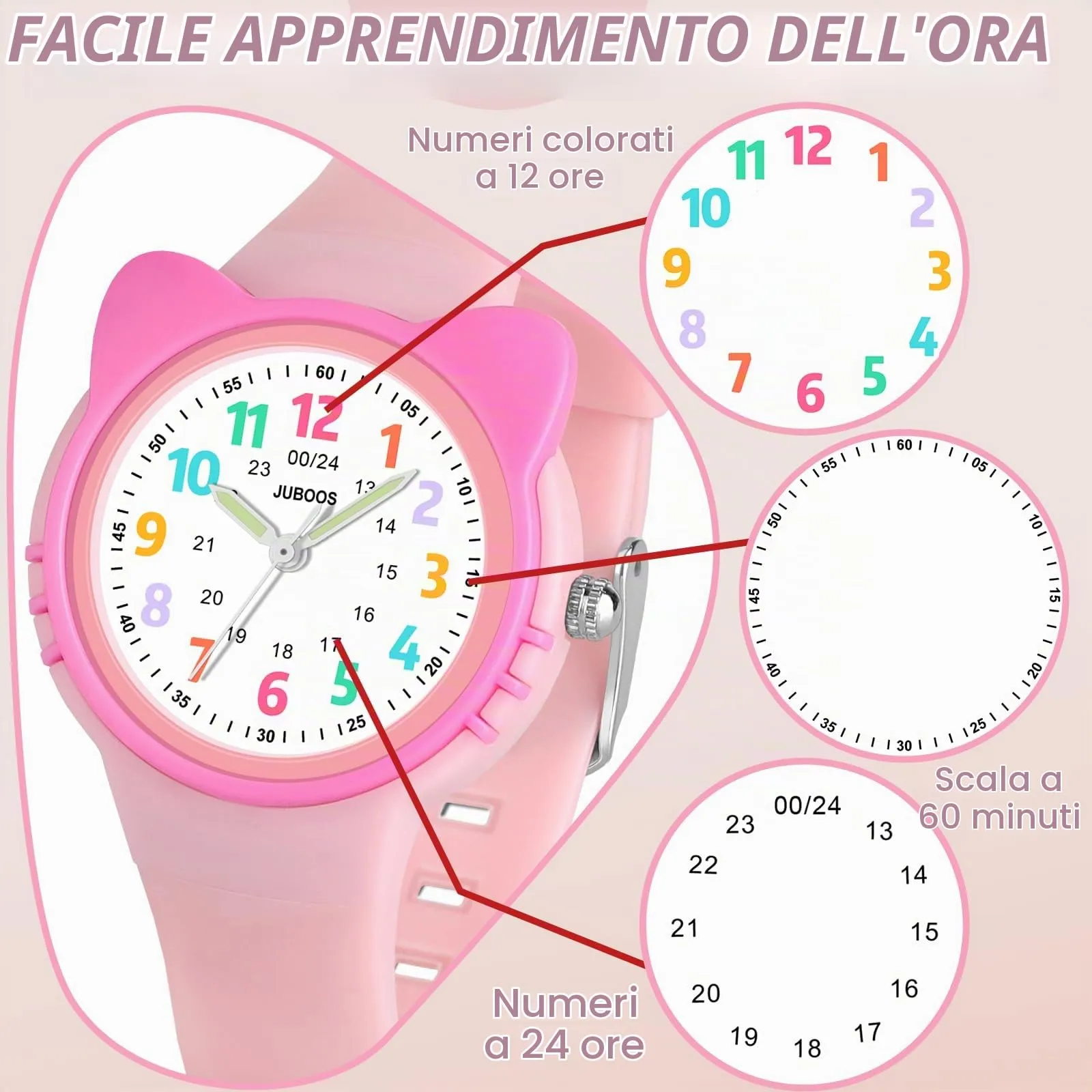 Juboos Orologio Analogico per Bambini Impermeabile 3 ATM con Gatto, Rosa Shocking - immagine 2
