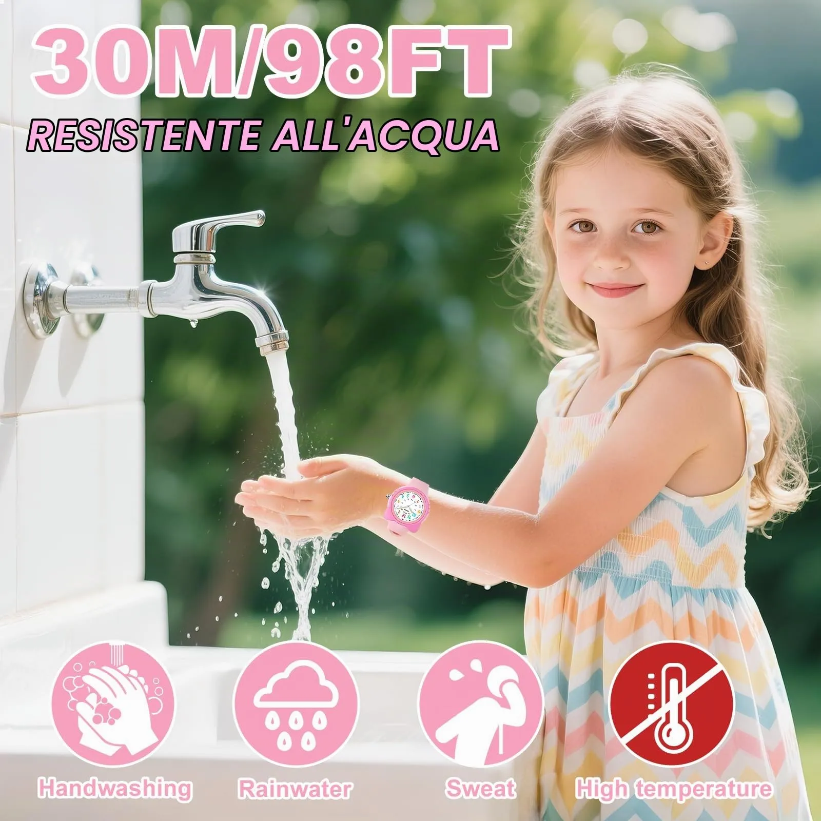 Juboos Orologio Analogico per Bambini Impermeabile 3 ATM con Gatto, Rosa Shocking - immagine 3