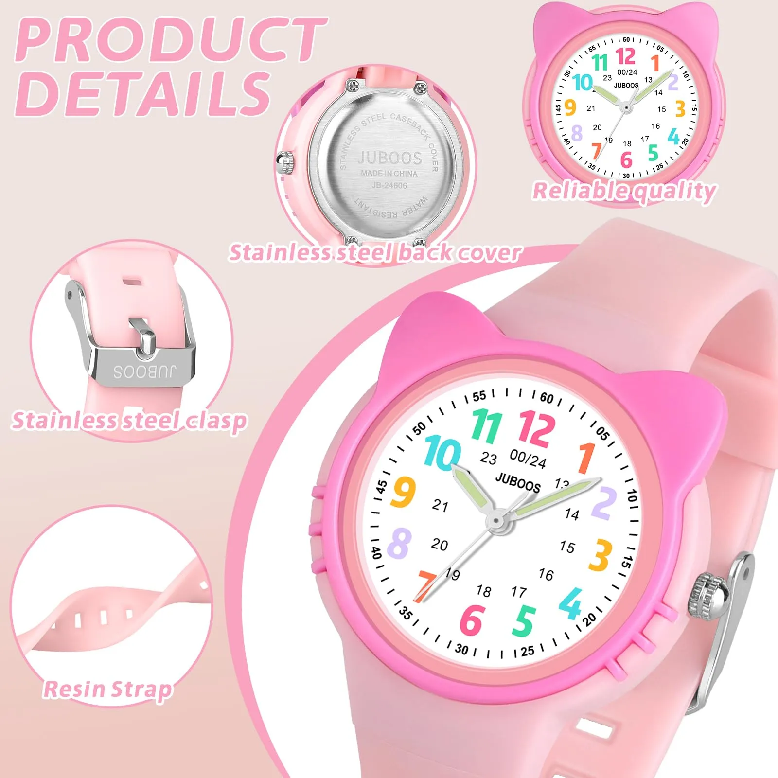 Juboos Orologio Analogico per Bambini Impermeabile 3 ATM con Gatto, Rosa Shocking - immagine 4