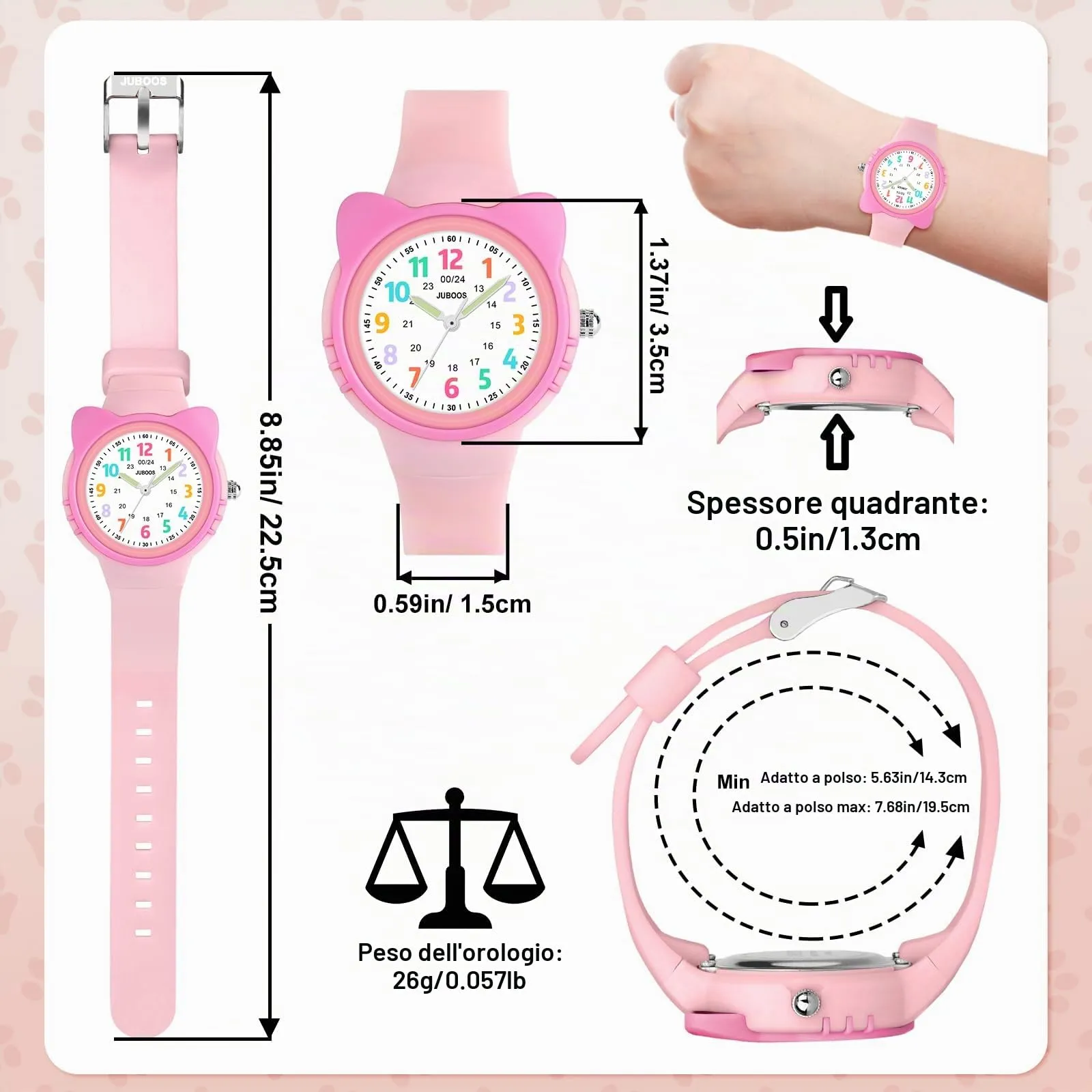 Juboos Orologio Analogico per Bambini Impermeabile 3 ATM con Gatto, Rosa Shocking - immagine 5