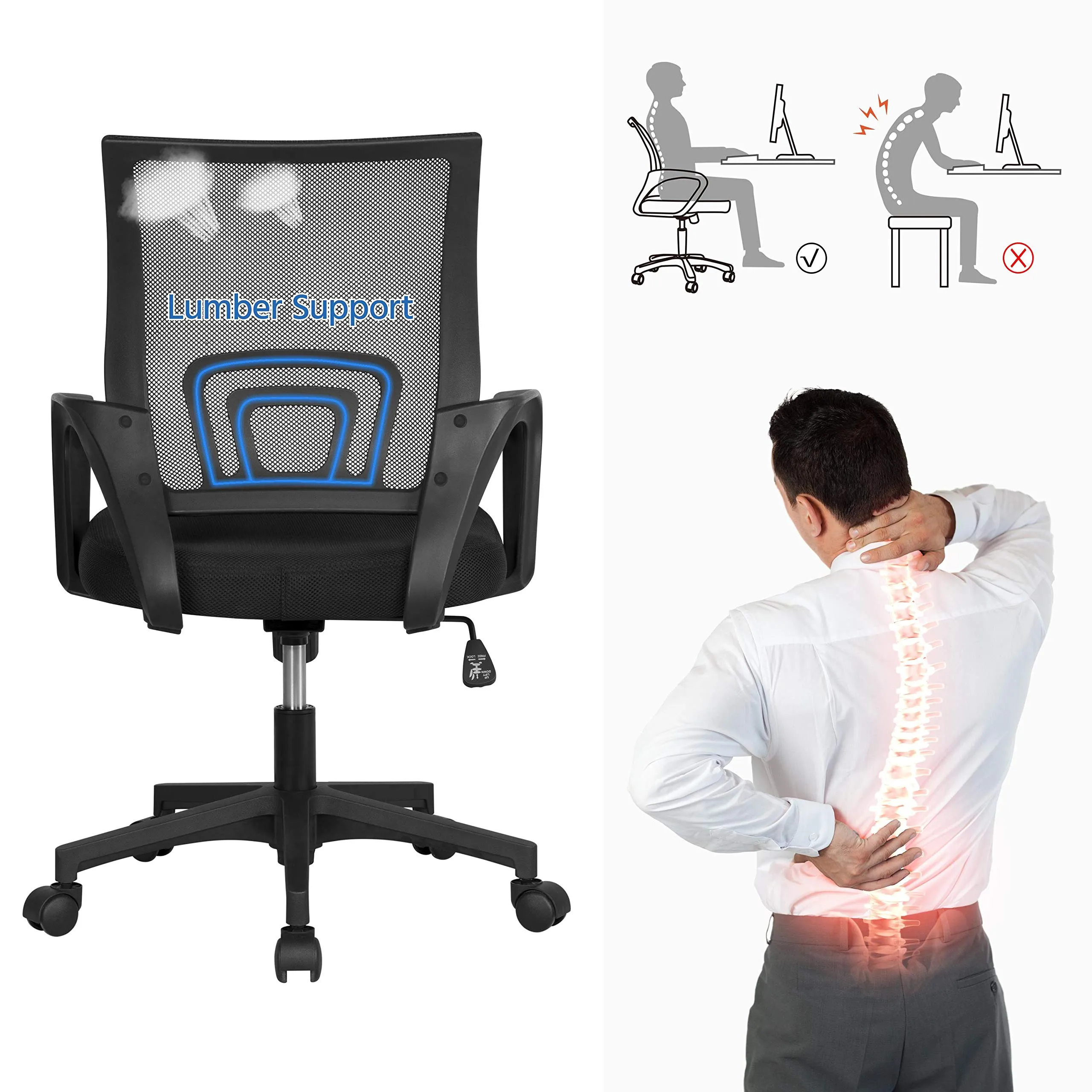 Soberine Sedia da Ufficio Ergonomica con Supporto Lombare, Braccioli, Rete Traspirante, Portata 136 kg, Nero - immagine 4
