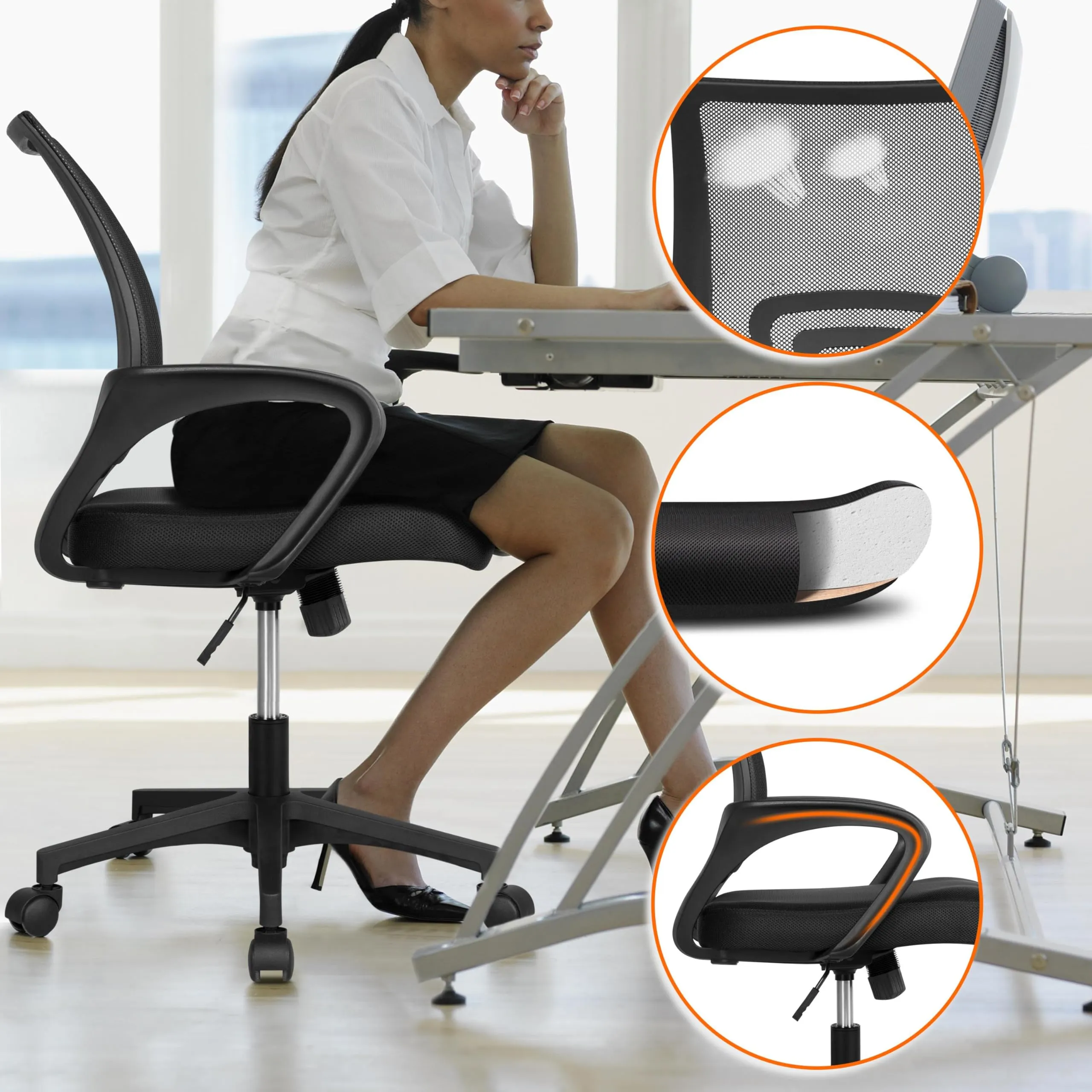Soberine Sedia da Ufficio Ergonomica con Supporto Lombare, Braccioli, Rete Traspirante, Portata 136 kg, Nero - immagine 5