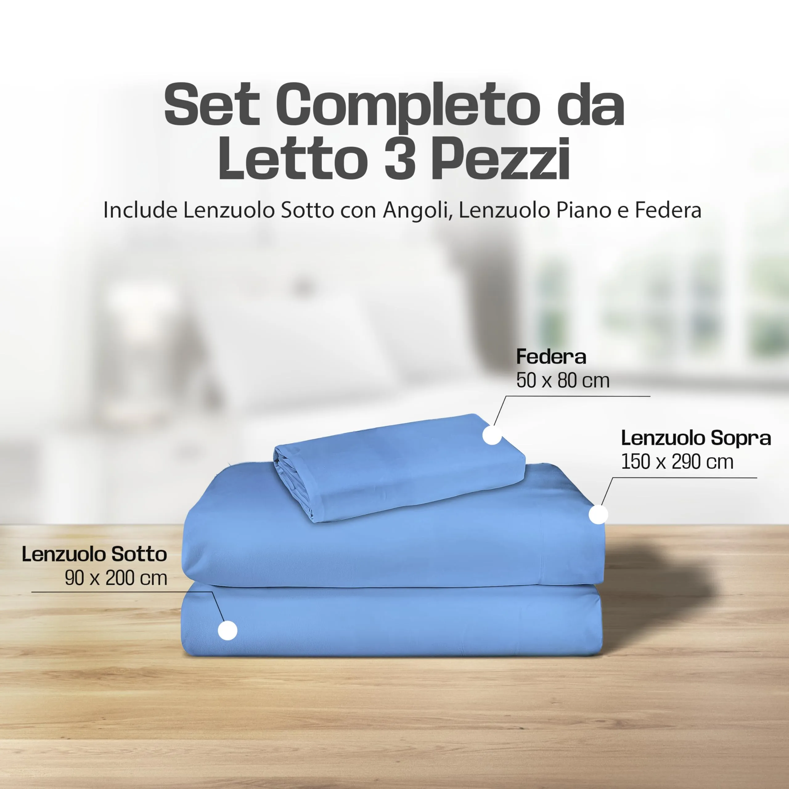 Narciso Completo Letto Singolo 100% Cotone, Lenzuolo Sotto con Angoli 90x200, Lenzuolo Sopra 150x290, Federa 50x80cm (Azzurro) - immagine 2