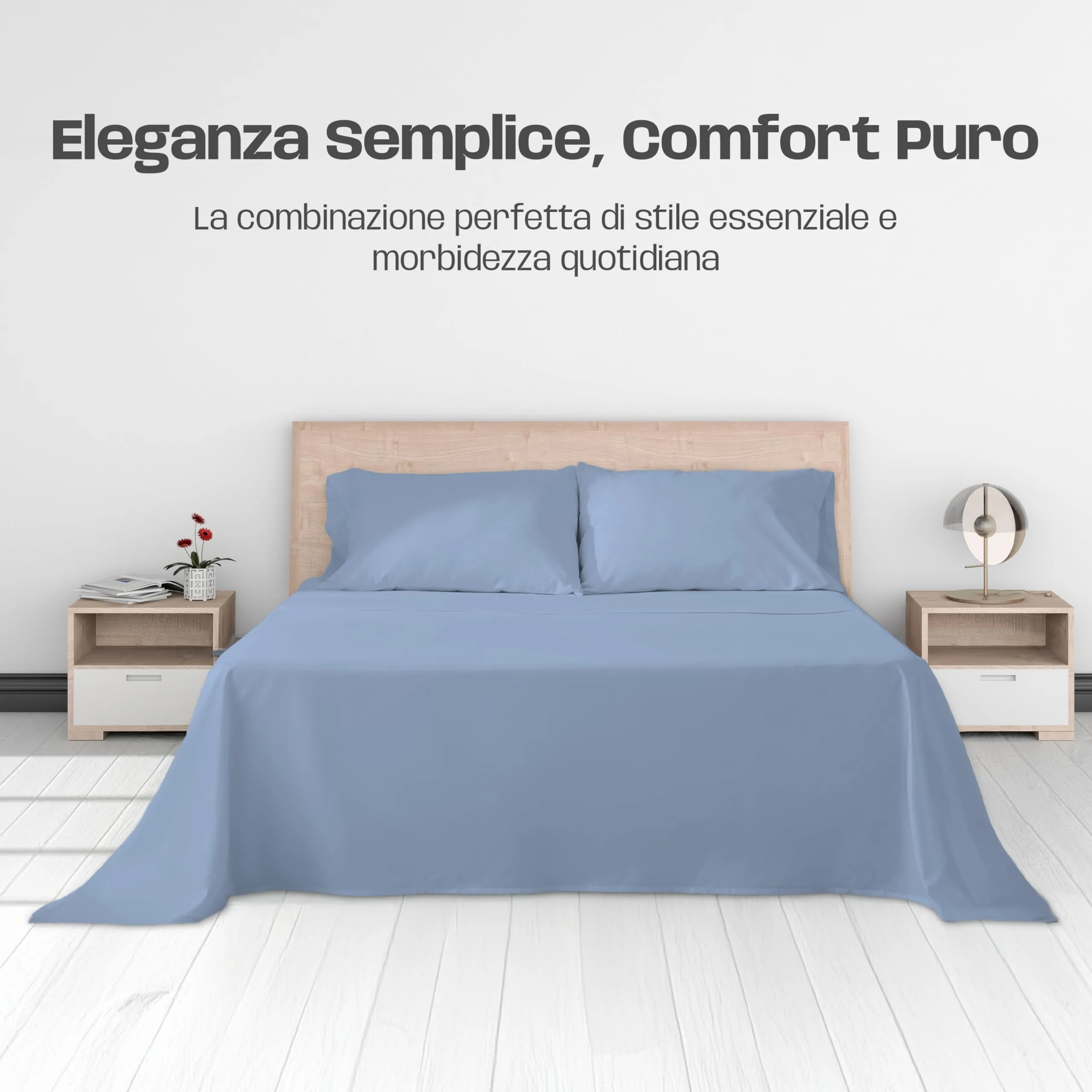 Narciso Completo Letto Singolo 100% Cotone, Lenzuolo Sotto con Angoli 90x200, Lenzuolo Sopra 150x290, Federa 50x80cm (Azzurro) - immagine 5